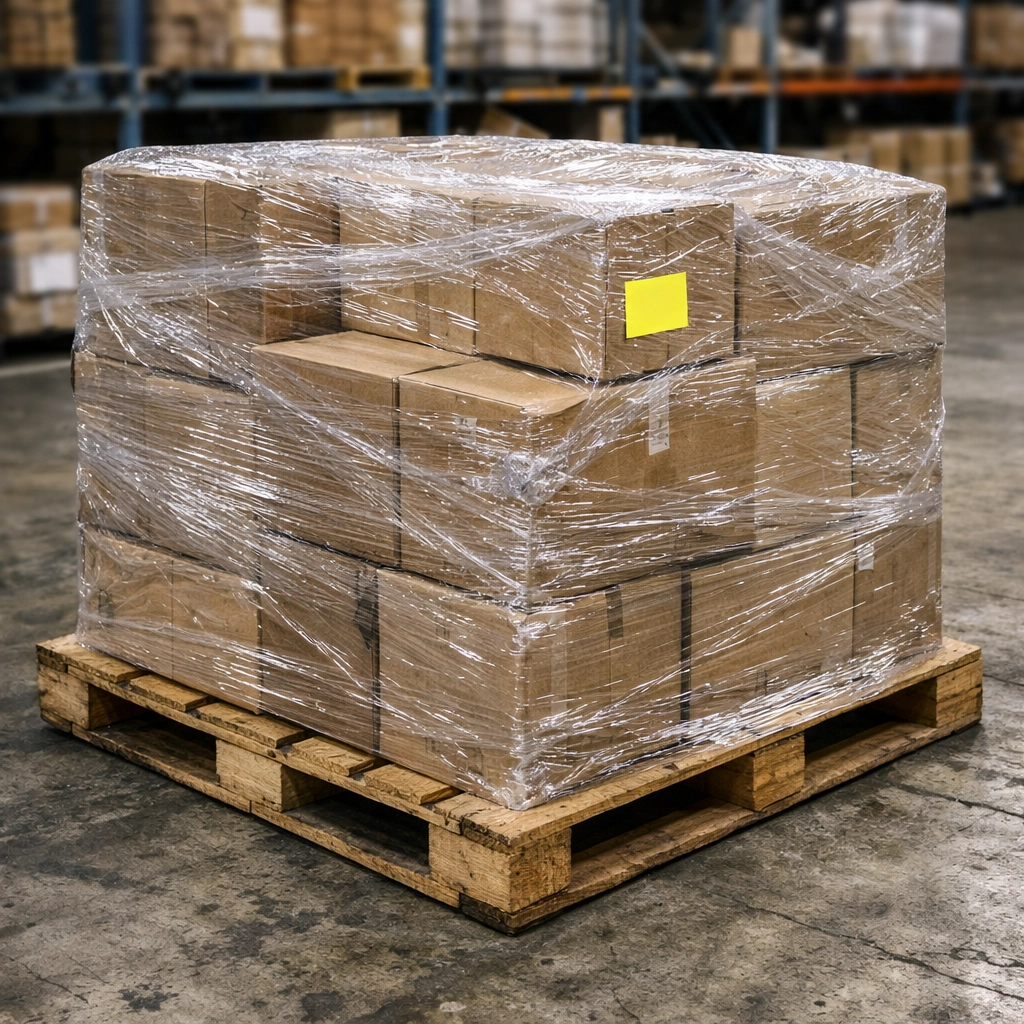 Bulk liquidation pallets wrapped in plastic inside a warehouse for wholesale inventory sourcing.