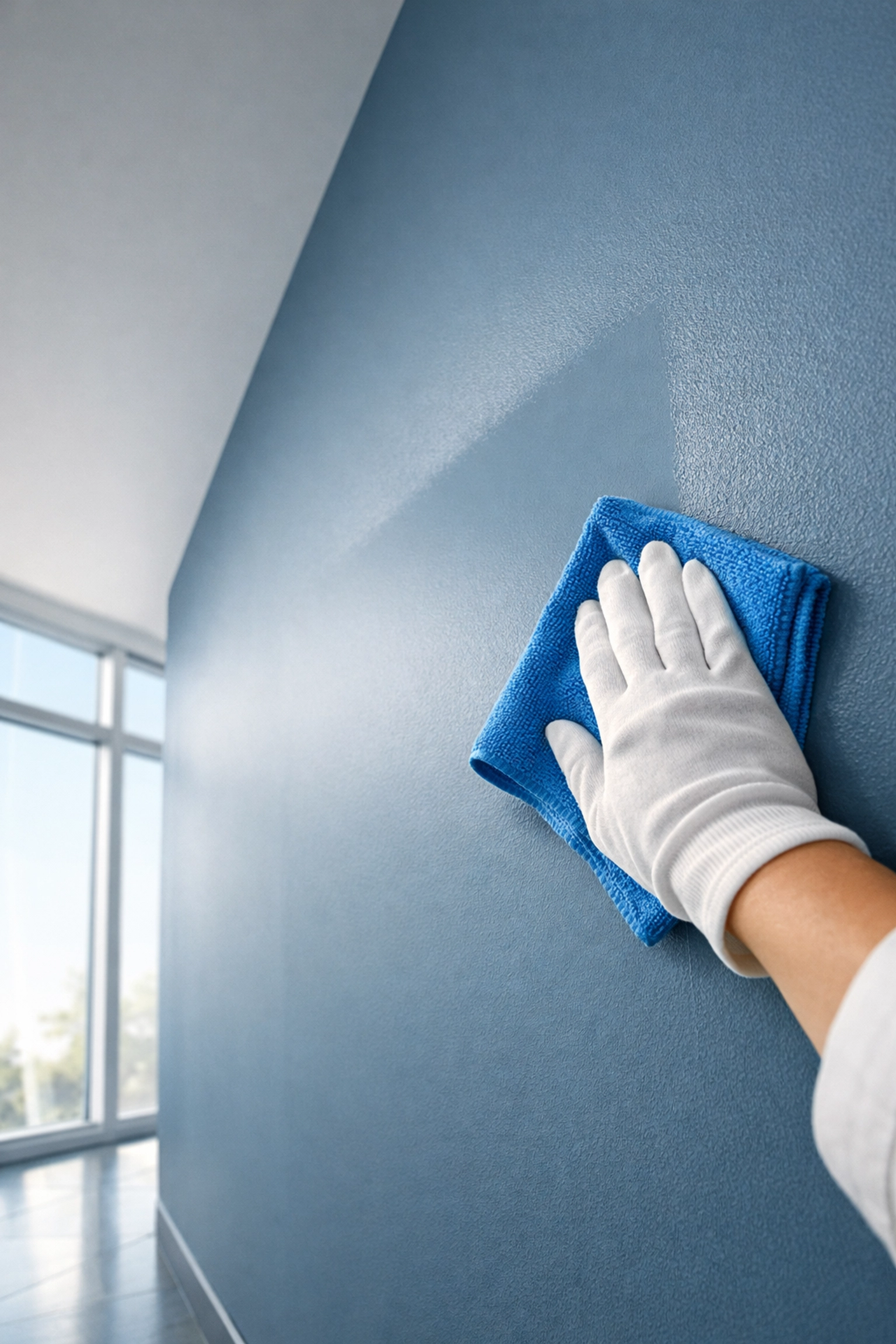 Cleaning professional using a microfiber cloth to remove dust from walls for post-construction cleaning MA.
