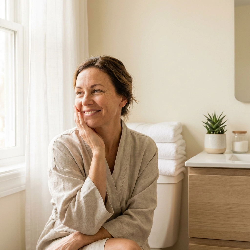 Middle-aged woman with glowing, healthy skin enjoying natural light, representing GHK peptide benefits for skin health in South Miami.