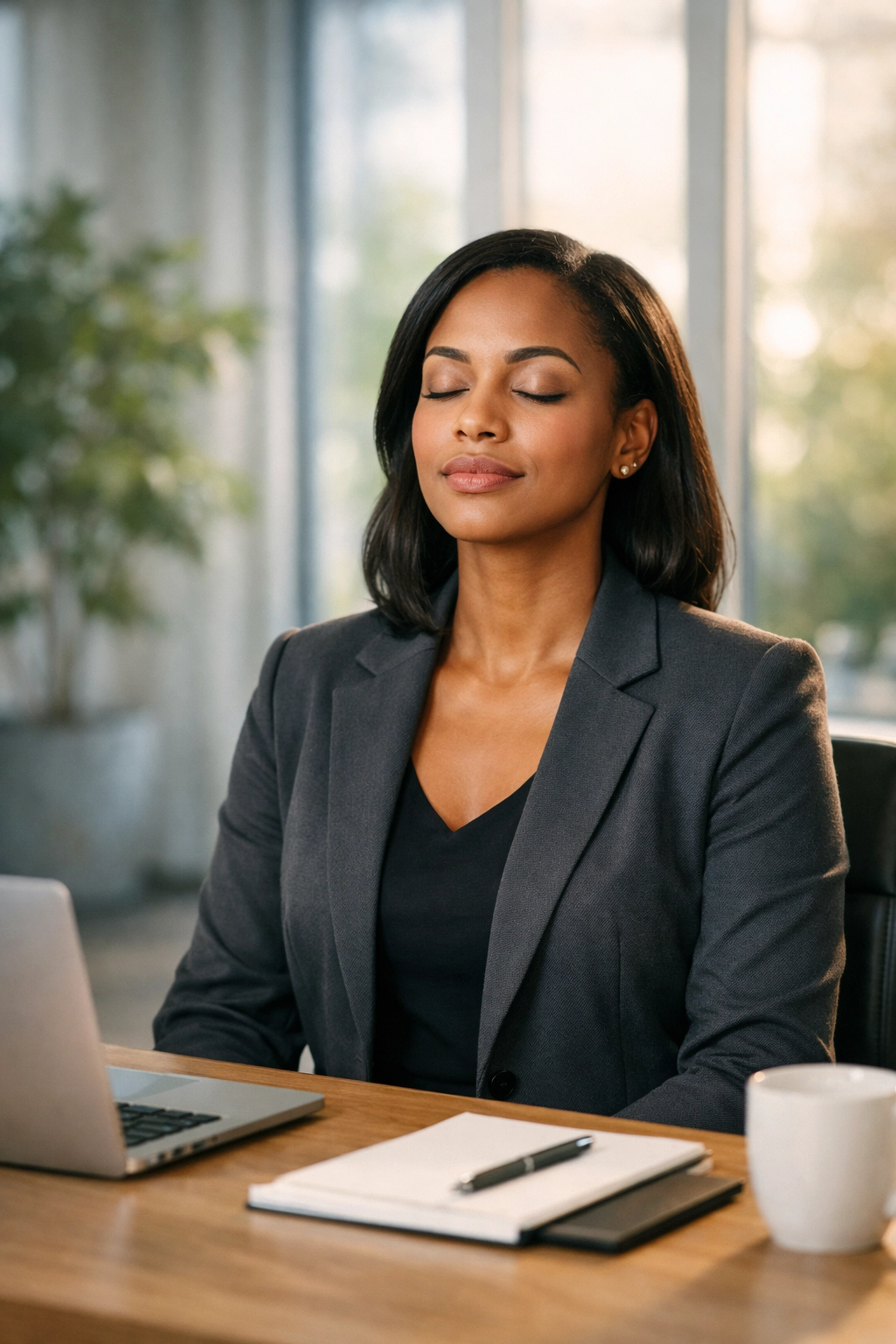 Professional woman practicing deep breathing for nervous system regulation and peace during prayer.
