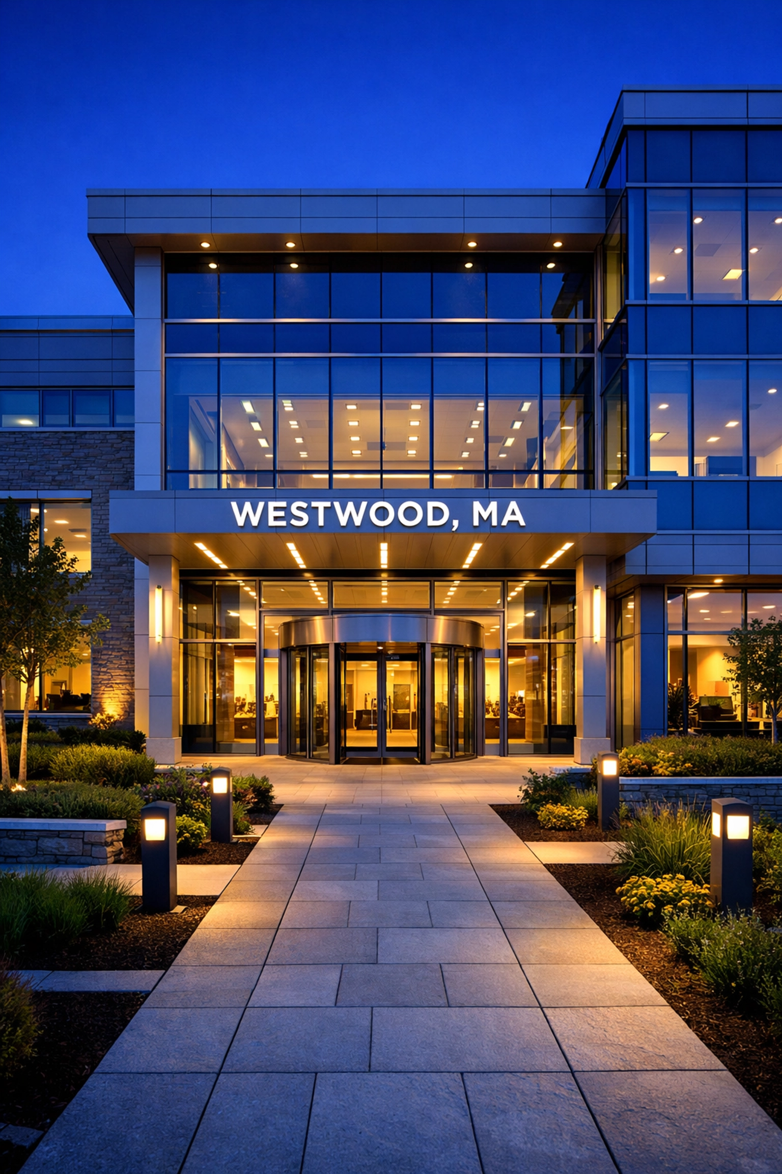 Modern professional building in Westwood, MA, with a clean and well-maintained entrance at dusk.