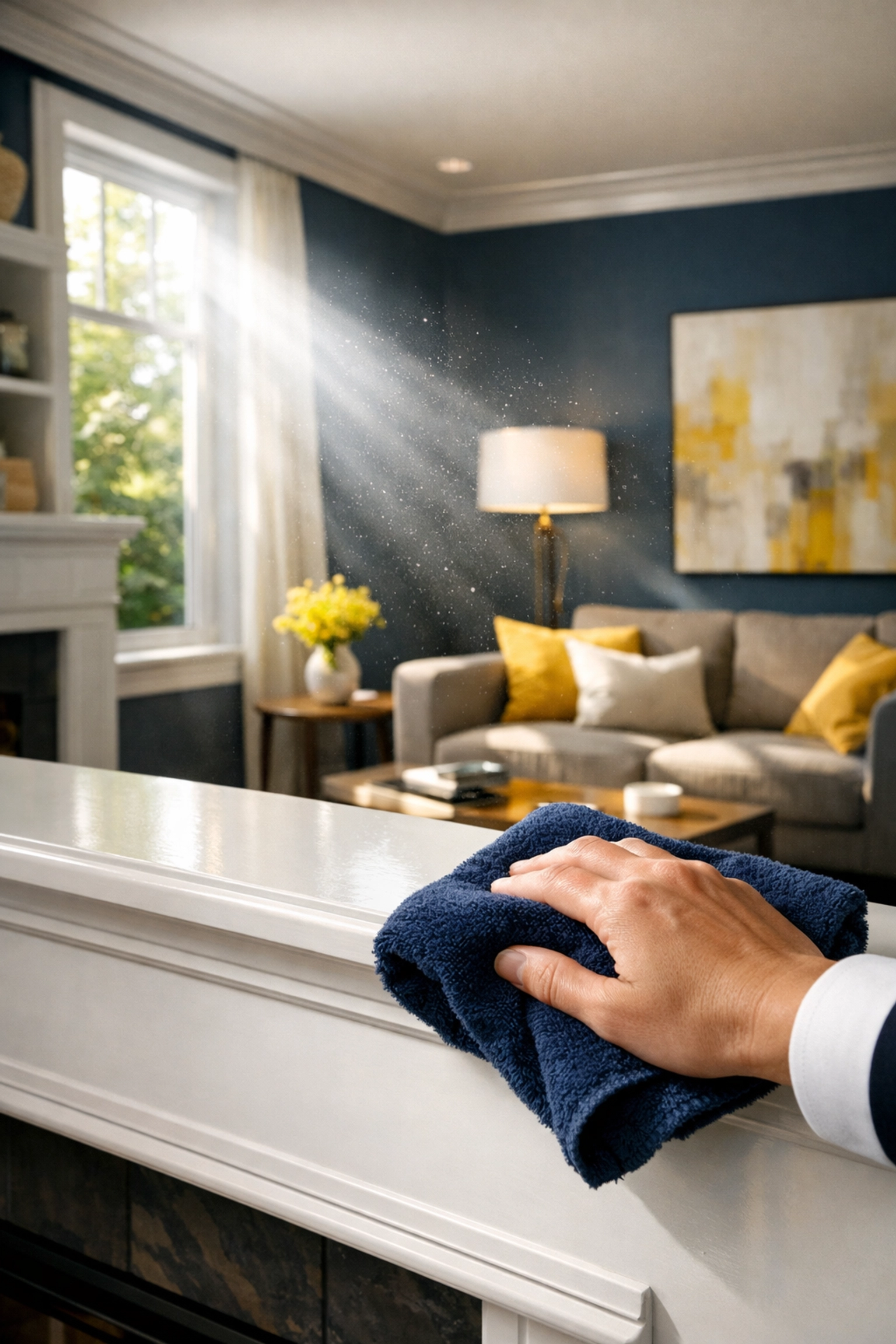 Professional hand wiping construction dust from a white mantelpiece in a modern Massachusetts home.