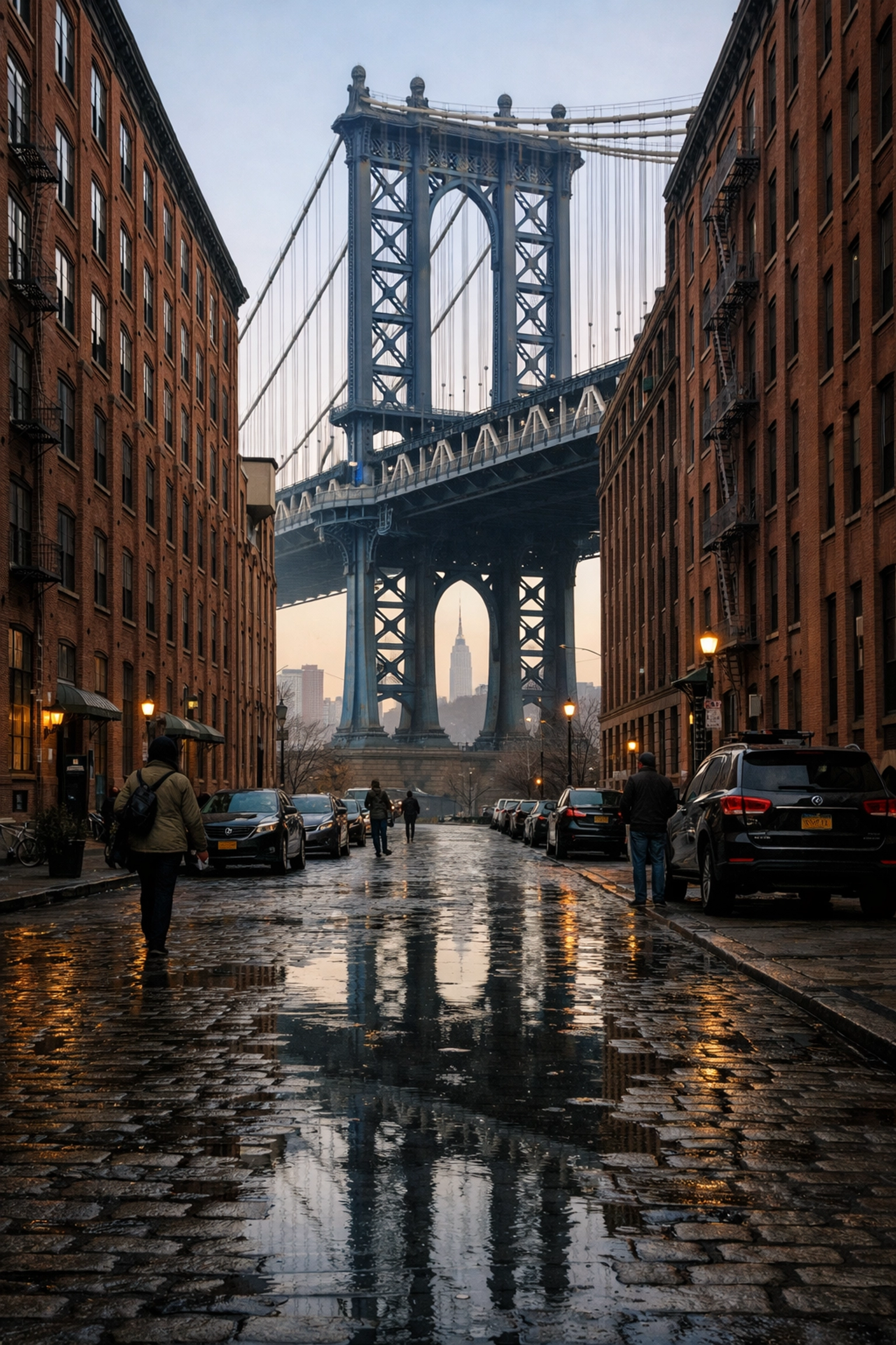 The Manhattan Bridge perfectly framed by historic red brick buildings on Washington Street in DUMBO.