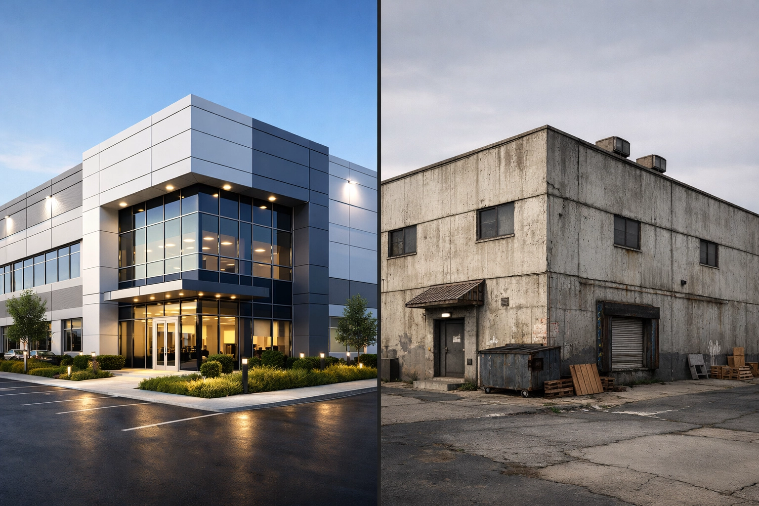 Comparison of Class A modern industrial building versus older Class C warehouse property