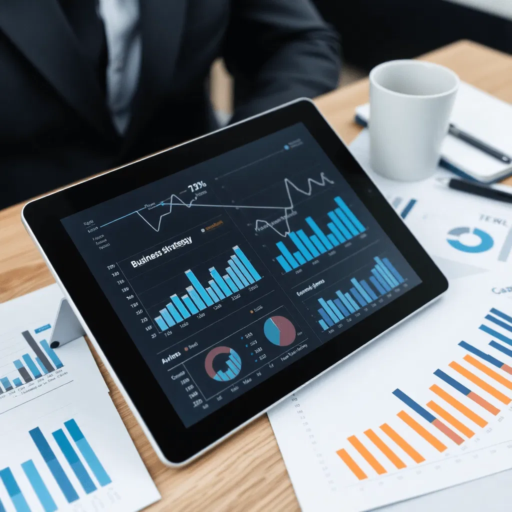A business professional reviews advanced analytics and business strategy charts on a digital tablet