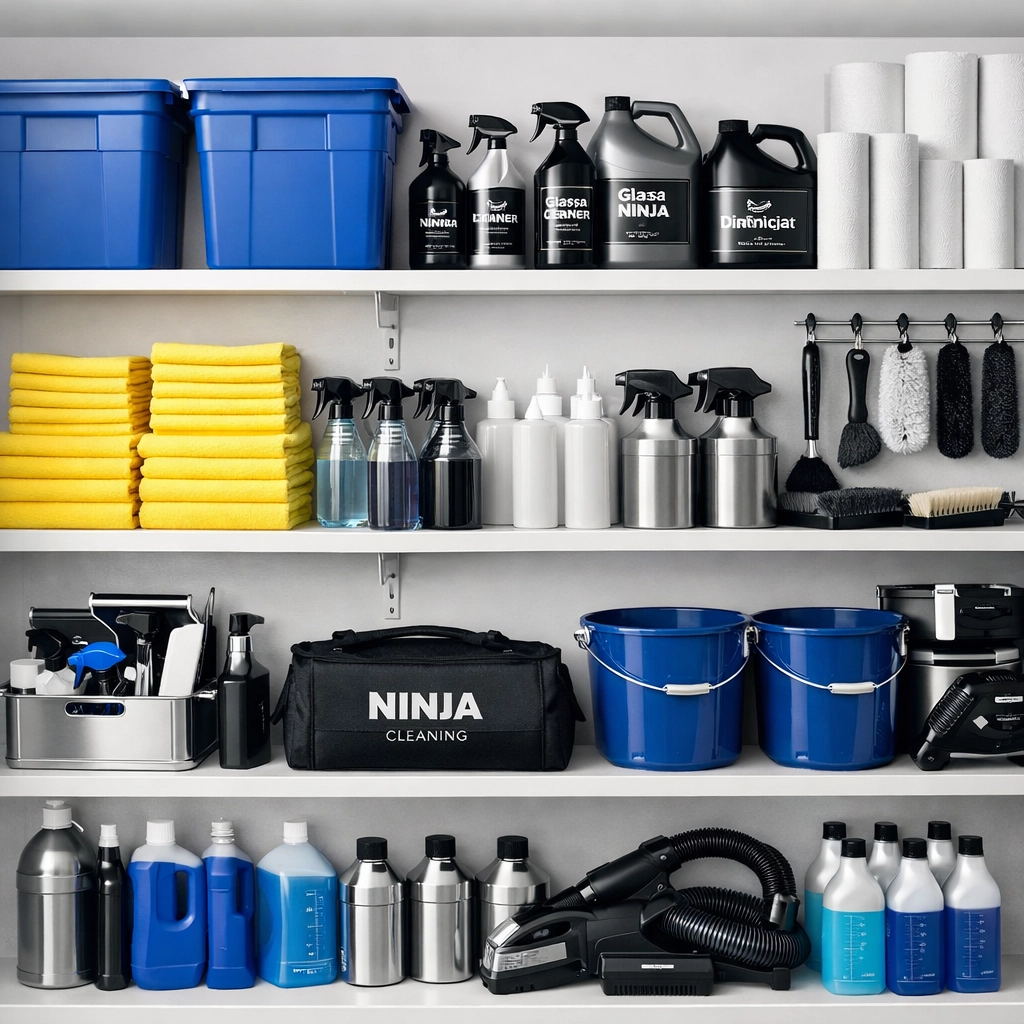 Organized professional cleaning supplies used by The Cleaning Ninjas Inc for deep cleaning in Southborough.