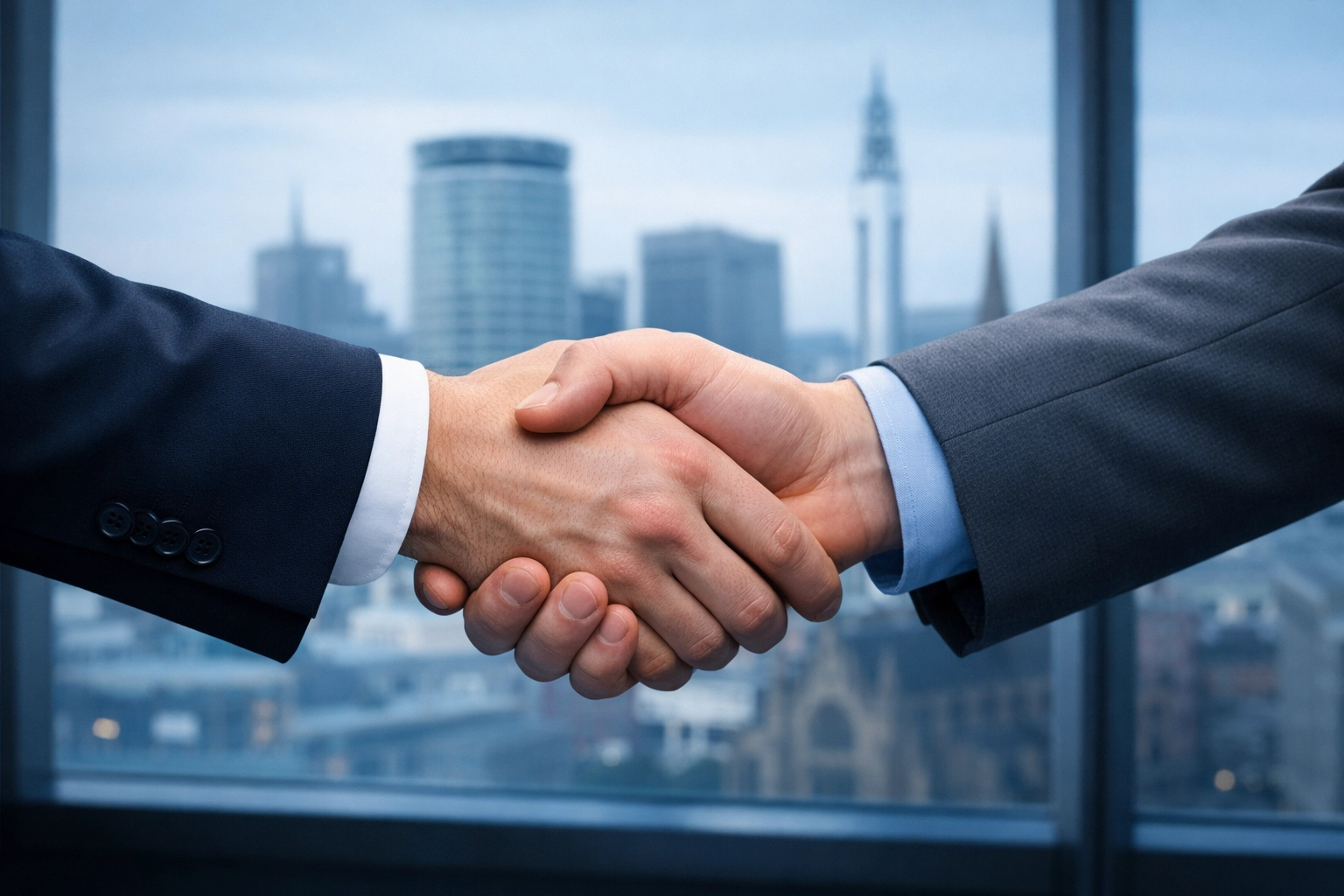 Professional handshake overlooking the Birmingham skyline representing a successful Alabama business sale.