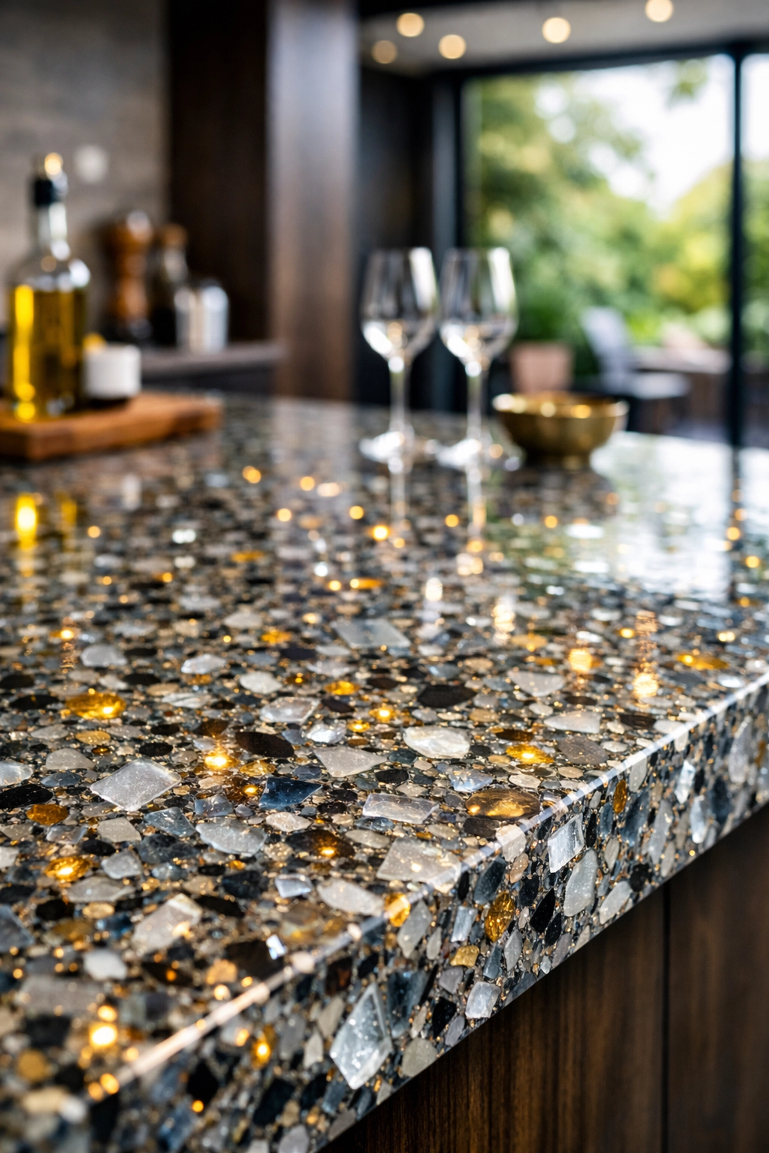 Sustainable kitchen countertop made from polished recycled glass and aggregate in a modern home extension.