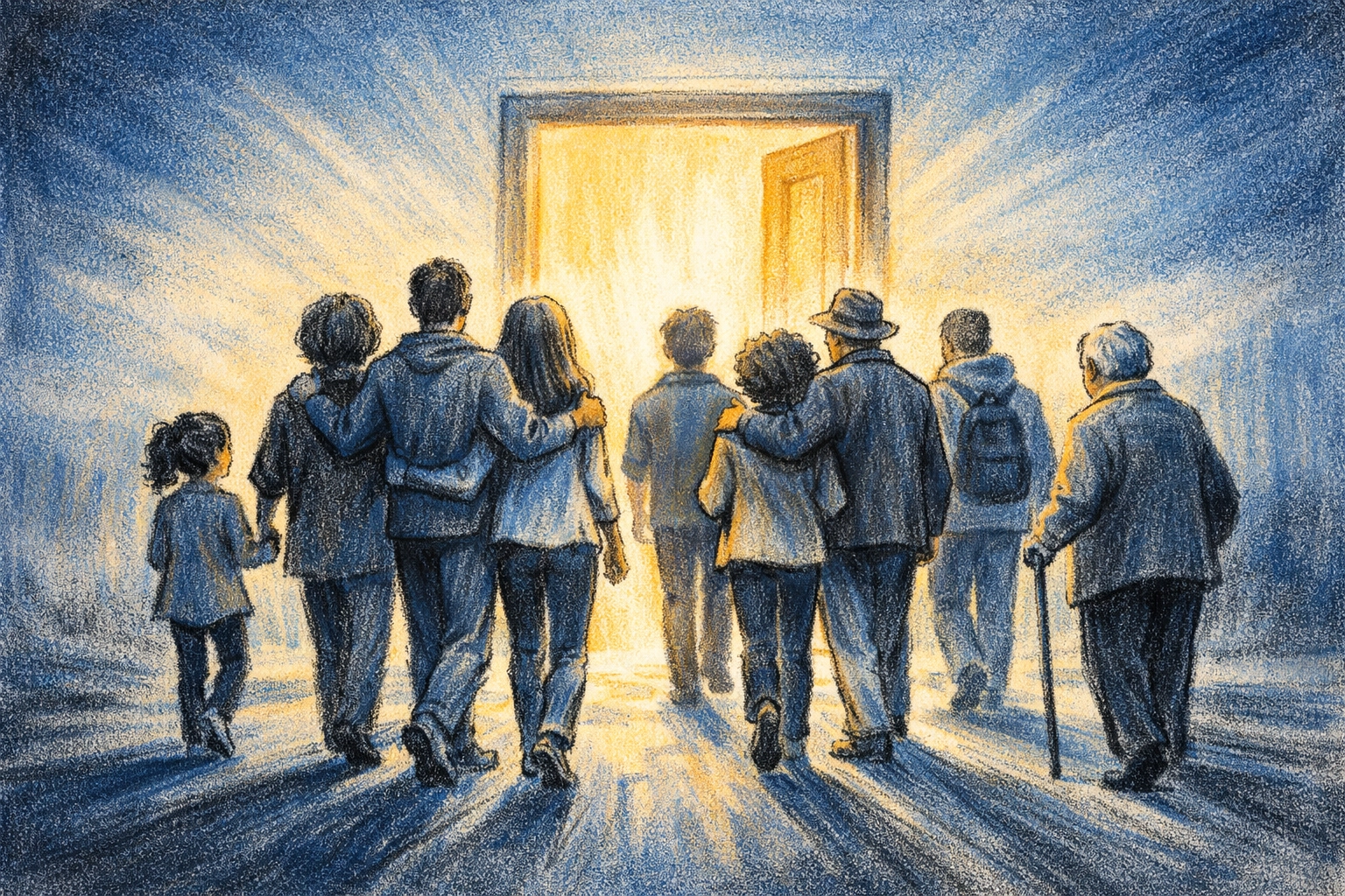 Diverse people walking together toward open church doors filled with welcoming light