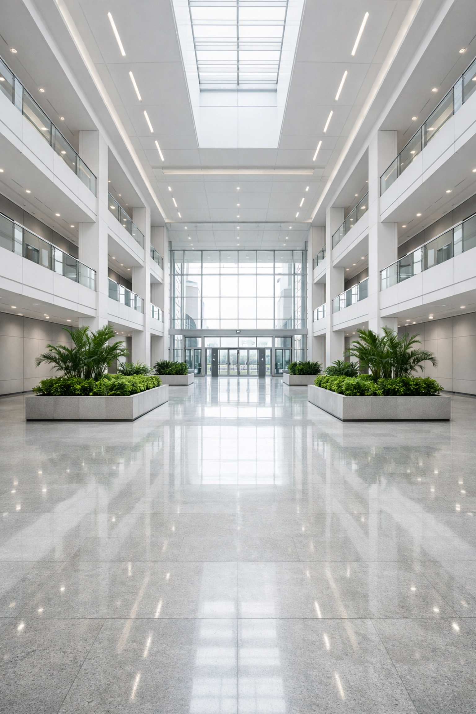 Immaculate corporate atrium in an Indianapolis business hub featuring professionally maintained stone flooring.