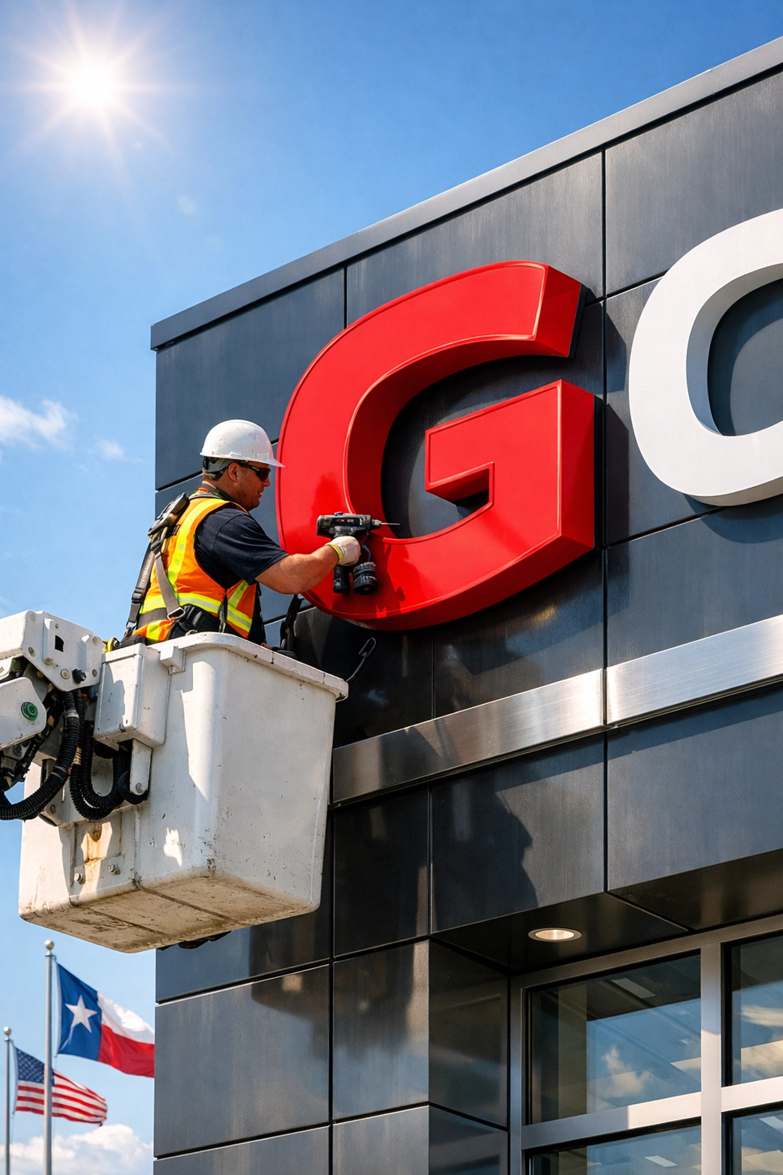 Licensed technicians installing custom 3D LED signs on a modern storefront.