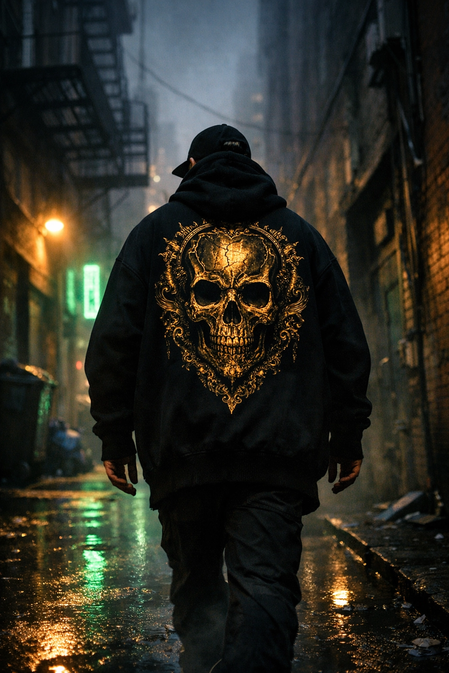 Oversized Sleep Token streetwear hoodie with gold skull design in a cinematic urban setting.