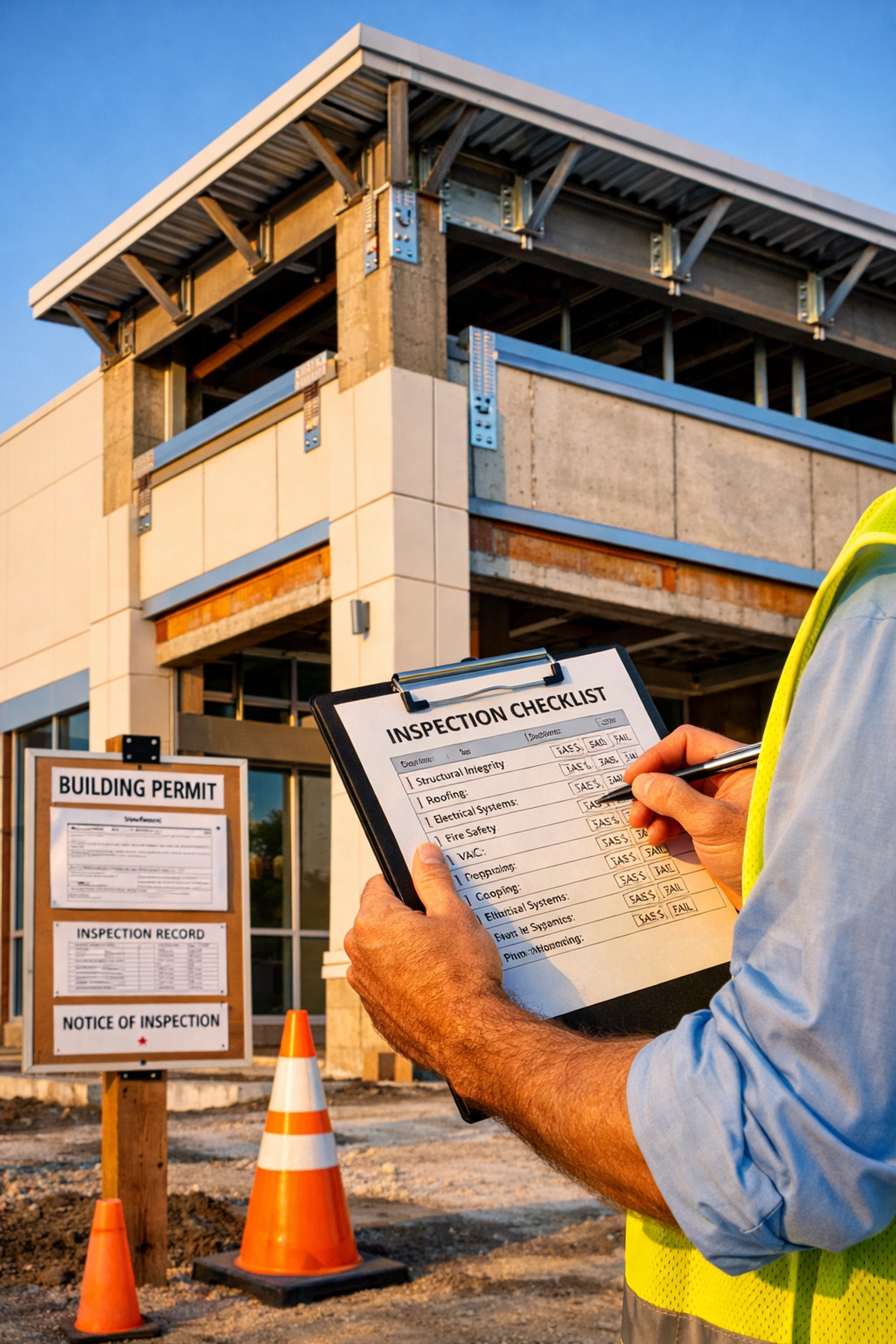Commercial building inspector checking Florida permit compliance at construction site