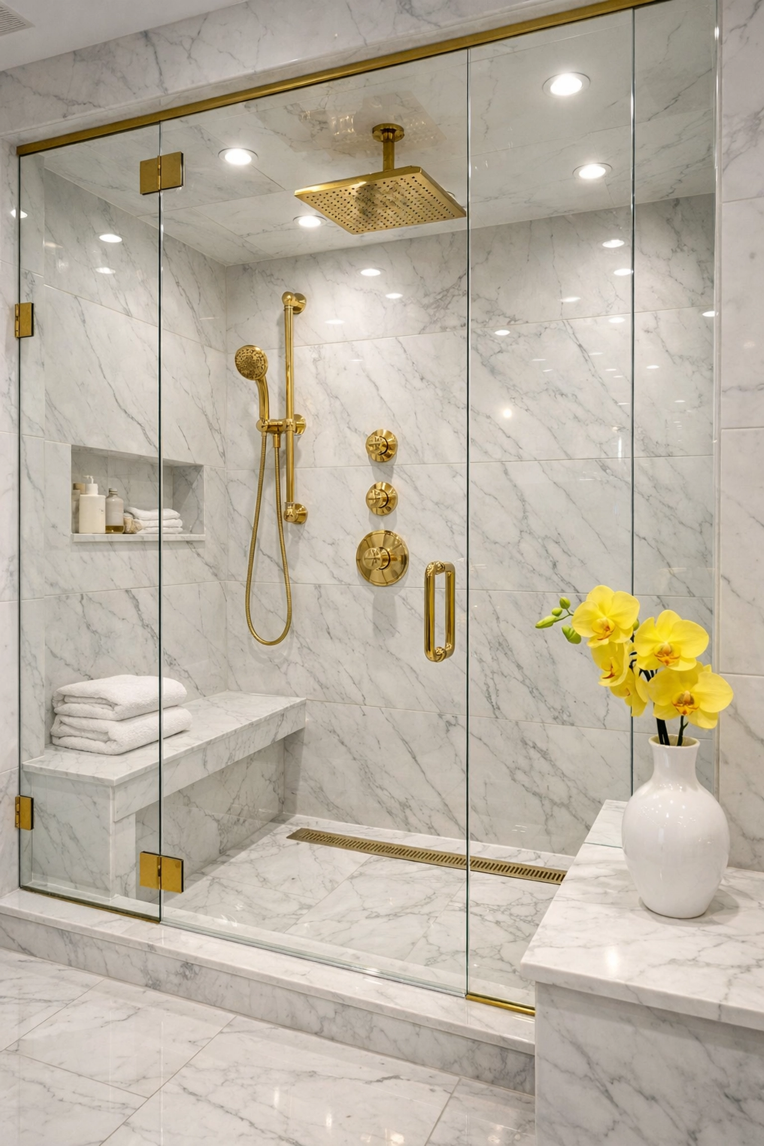 High-end Dover marble bathroom with detailed residential cleaning Massachusetts for glass and polished fixtures.
