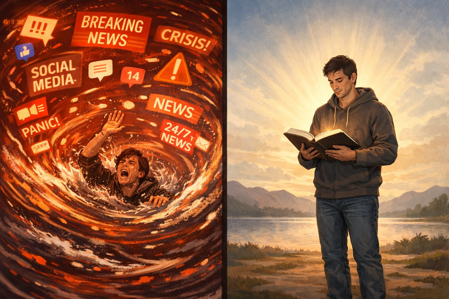 Person overwhelmed by news chaos contrasted with finding peace through reading Bible