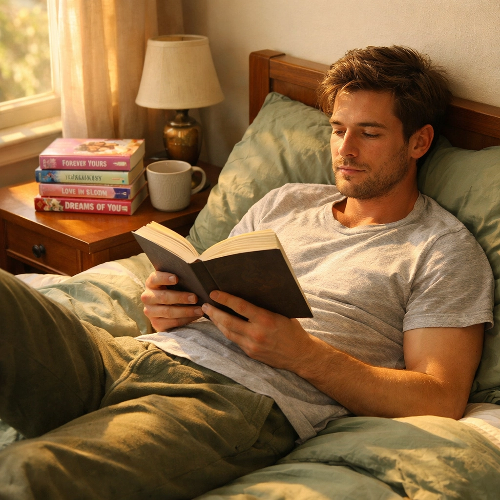Man reading gay romance novels in bed, finding peace and healing through fiction
