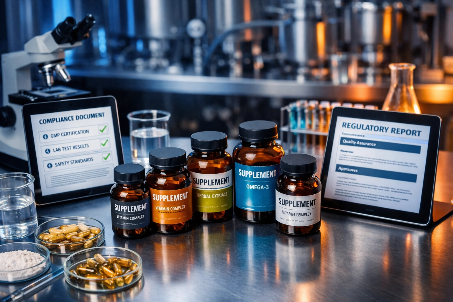 GMP-certified supplement manufacturing laboratory with quality control testing and compliance documentation