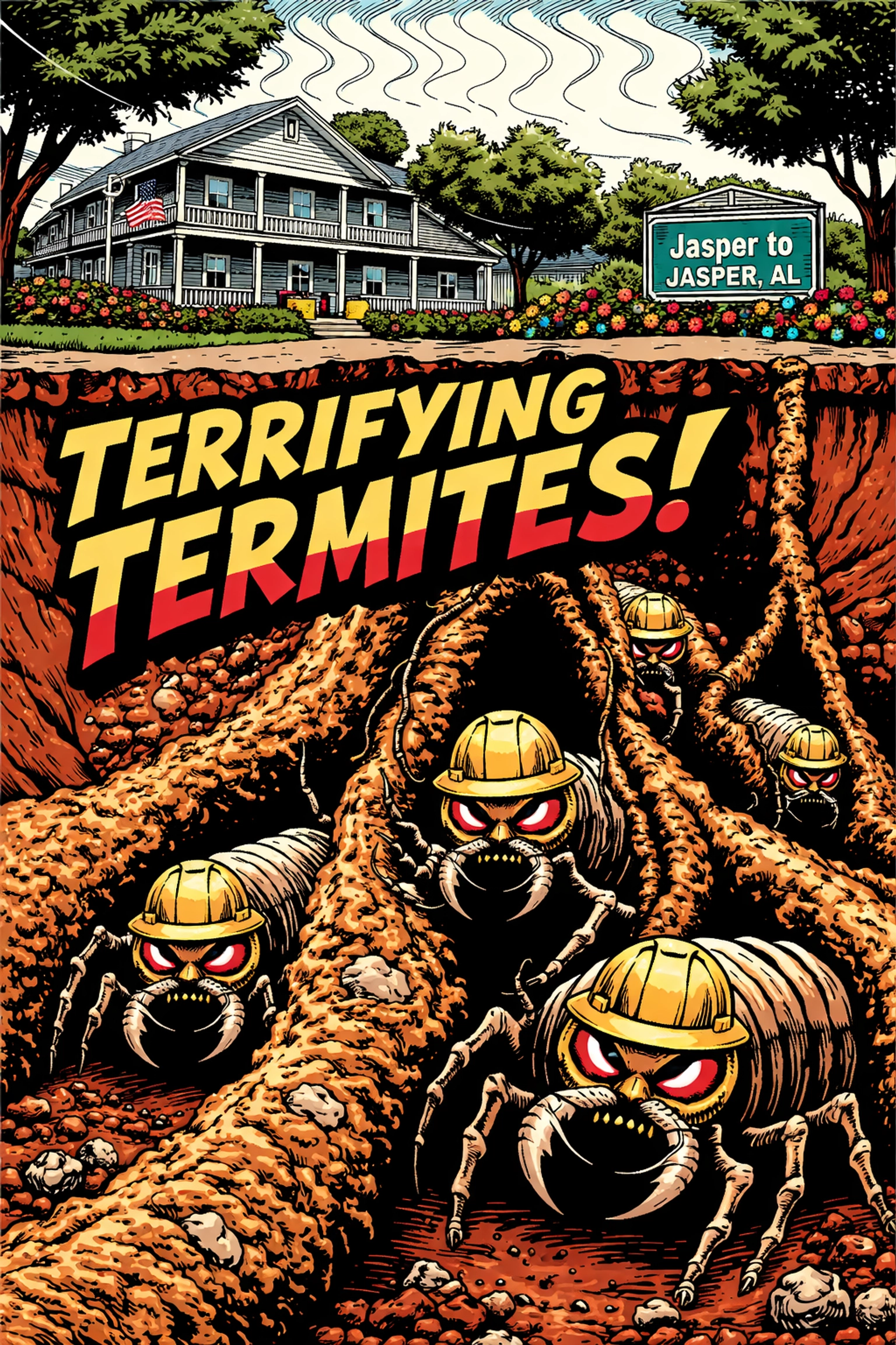 Comic-style cross-section showing termites tunneling through Alabama red clay soil toward a Walker County home.