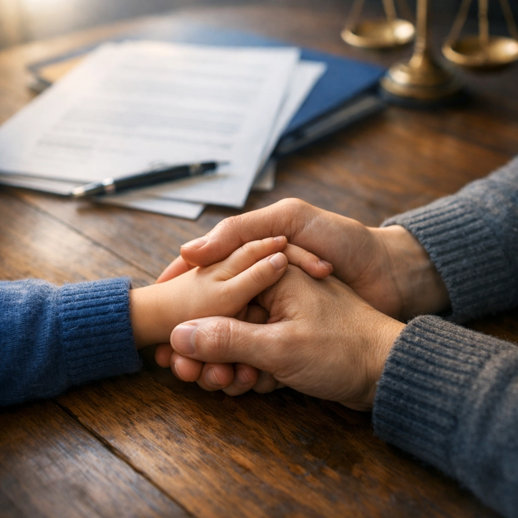 Parent and child holding hands with custody documents representing family bonds
