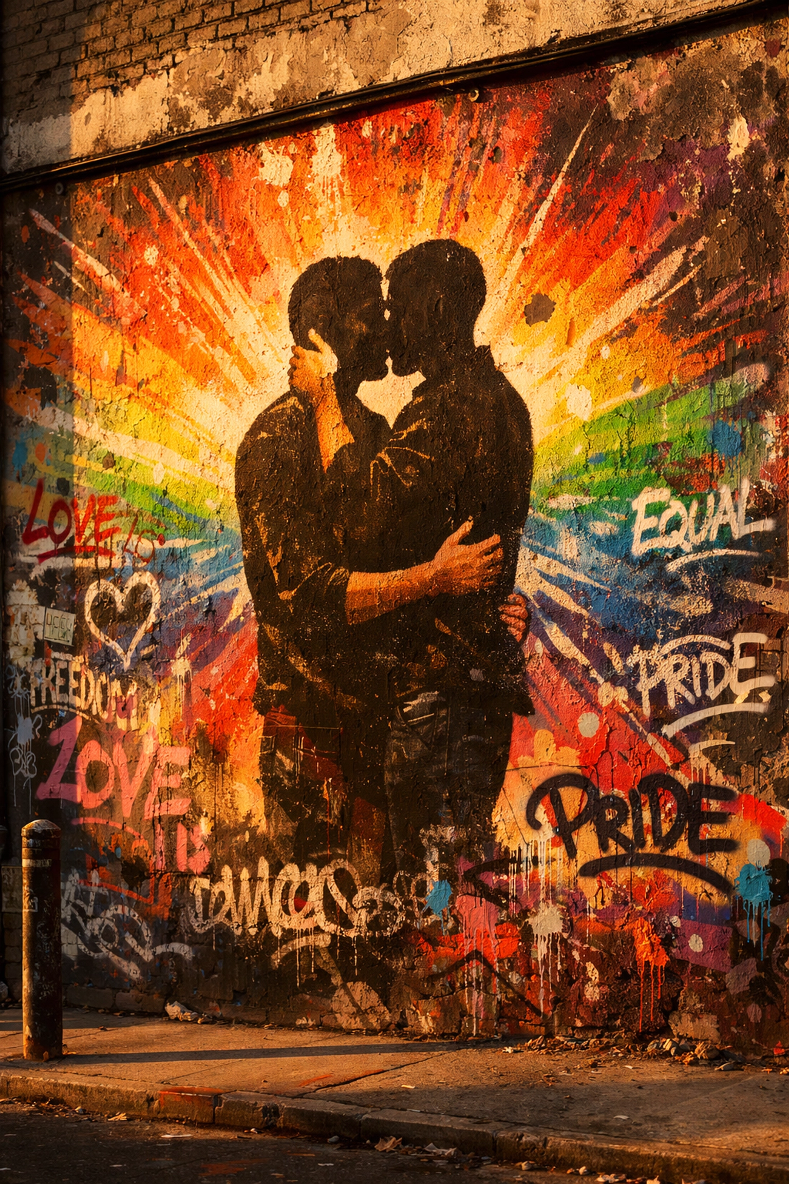 LGBTQ+ street art mural showing two men embracing in rainbow colors and urban graffiti