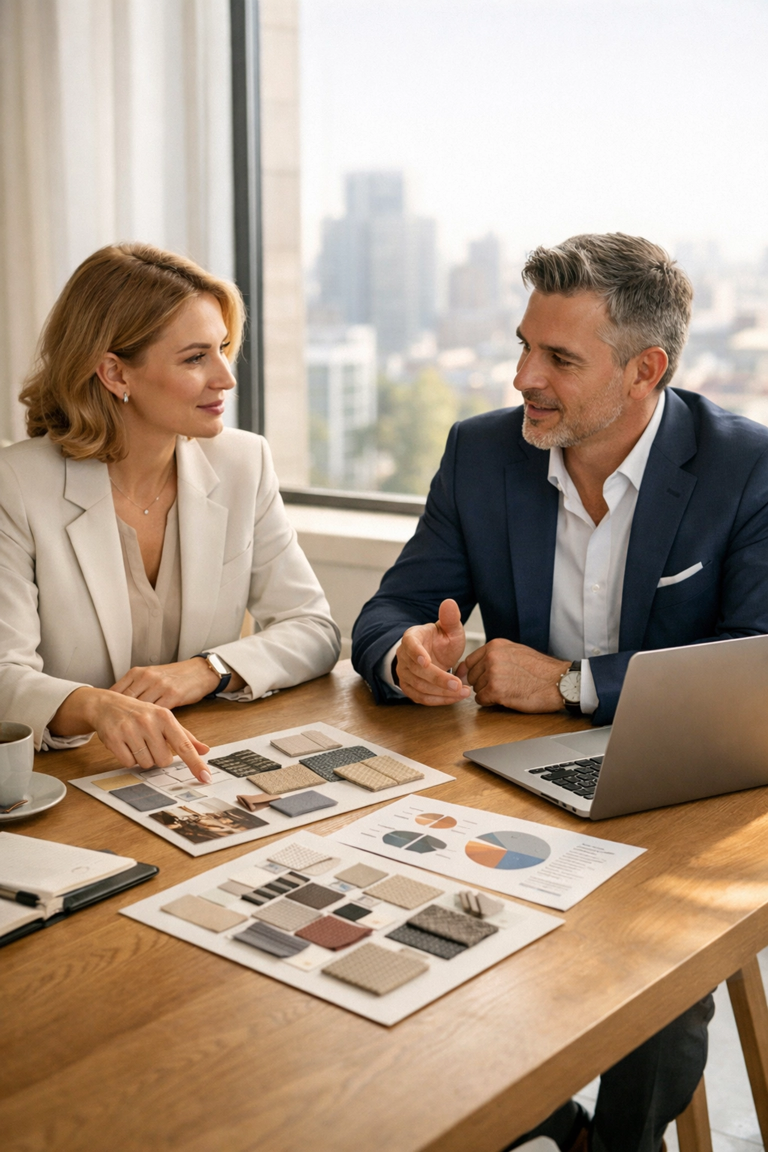 Media and marketing agency professionals collaborating on a business growth strategy in a modern office.