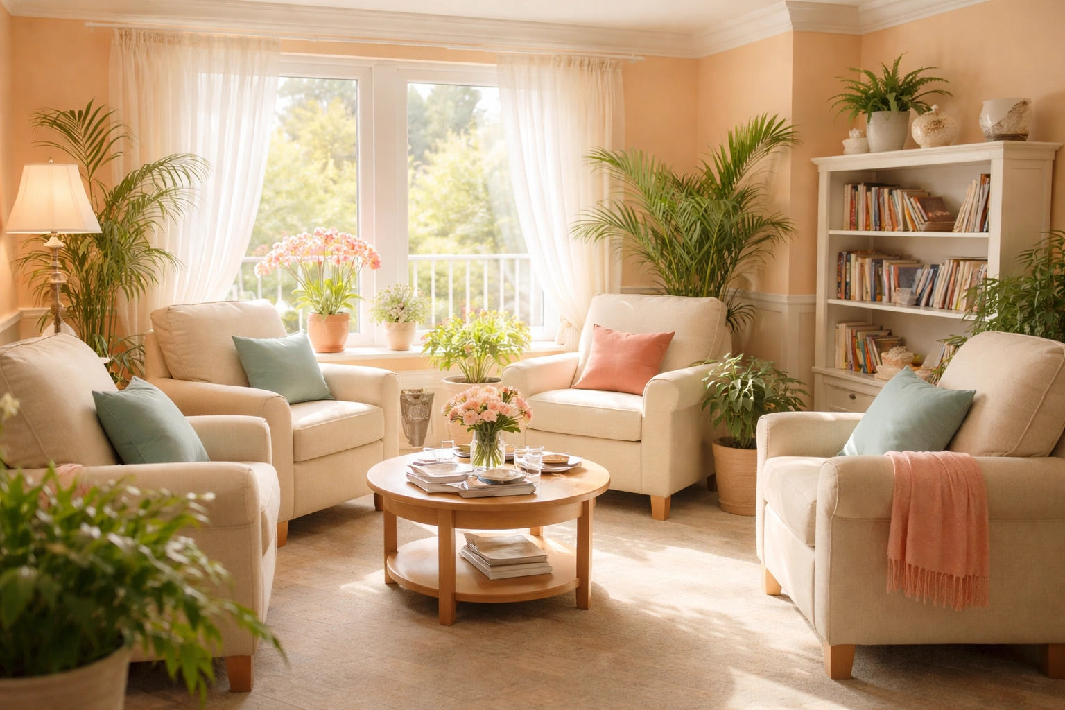 Inviting common area of an assisted living facility in Sarasota FL, with cozy seating and natural light.