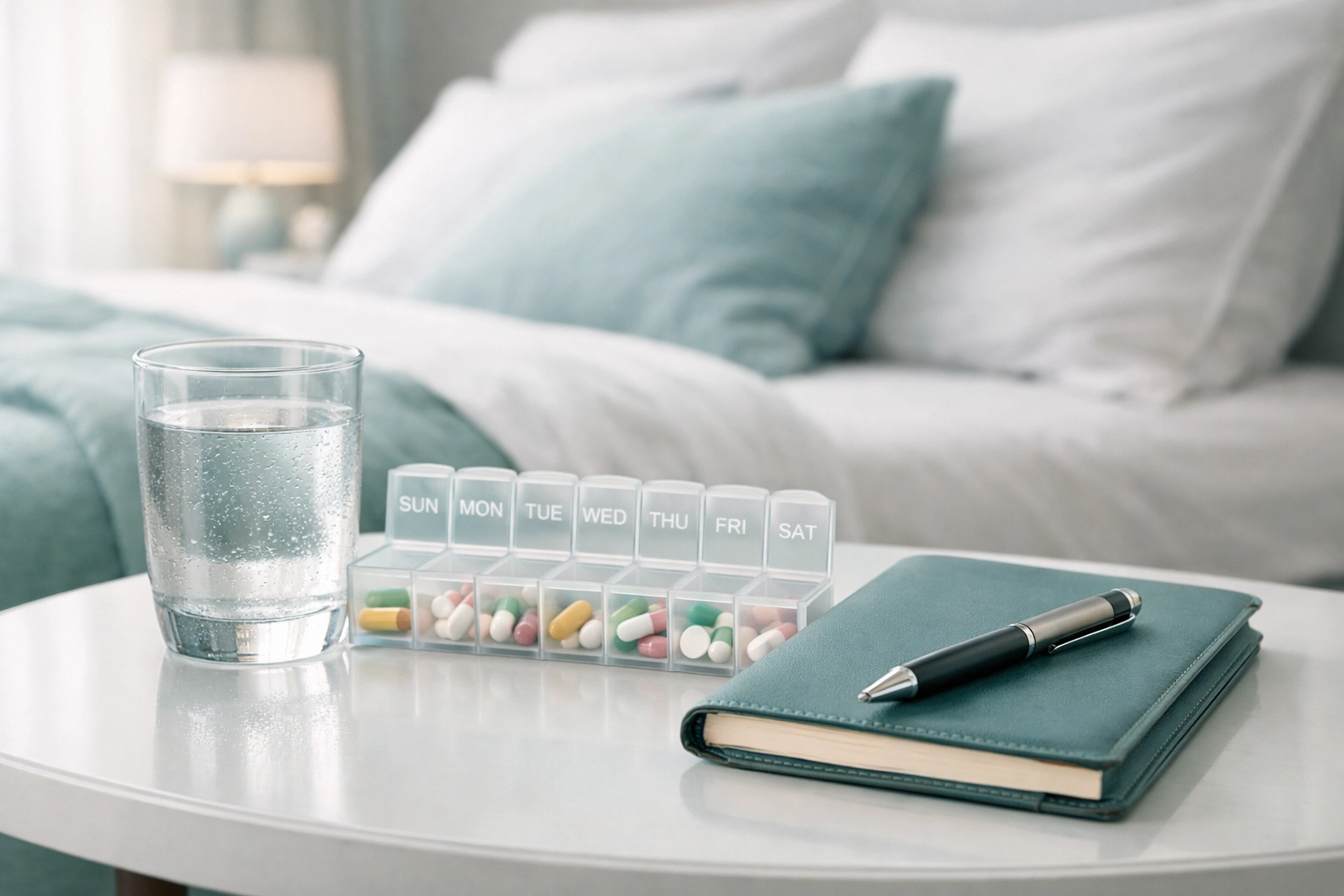 Organized medication schedule and hydration setup to assist with safe post surgery home care for seniors.