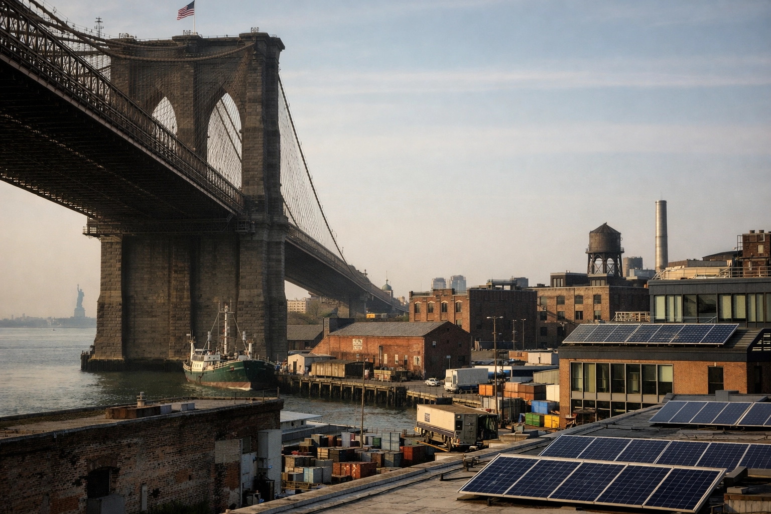Sustainable Red Hook waterfront redevelopment with green rooftops and solar panels near the Brooklyn Bridge.
