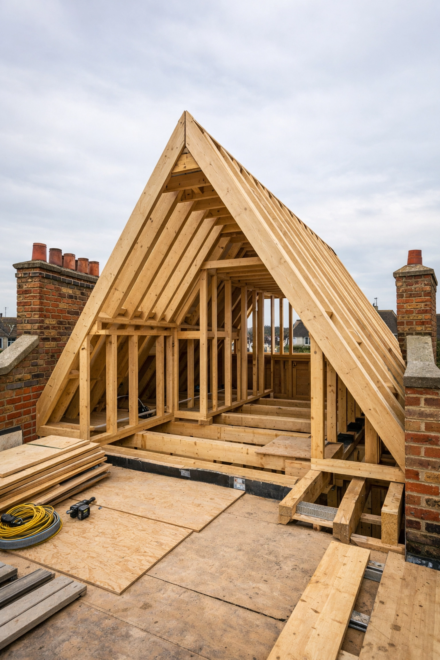 Mansard loft conversion under construction in East London showing the 72-degree roof slope and structural timber frame.