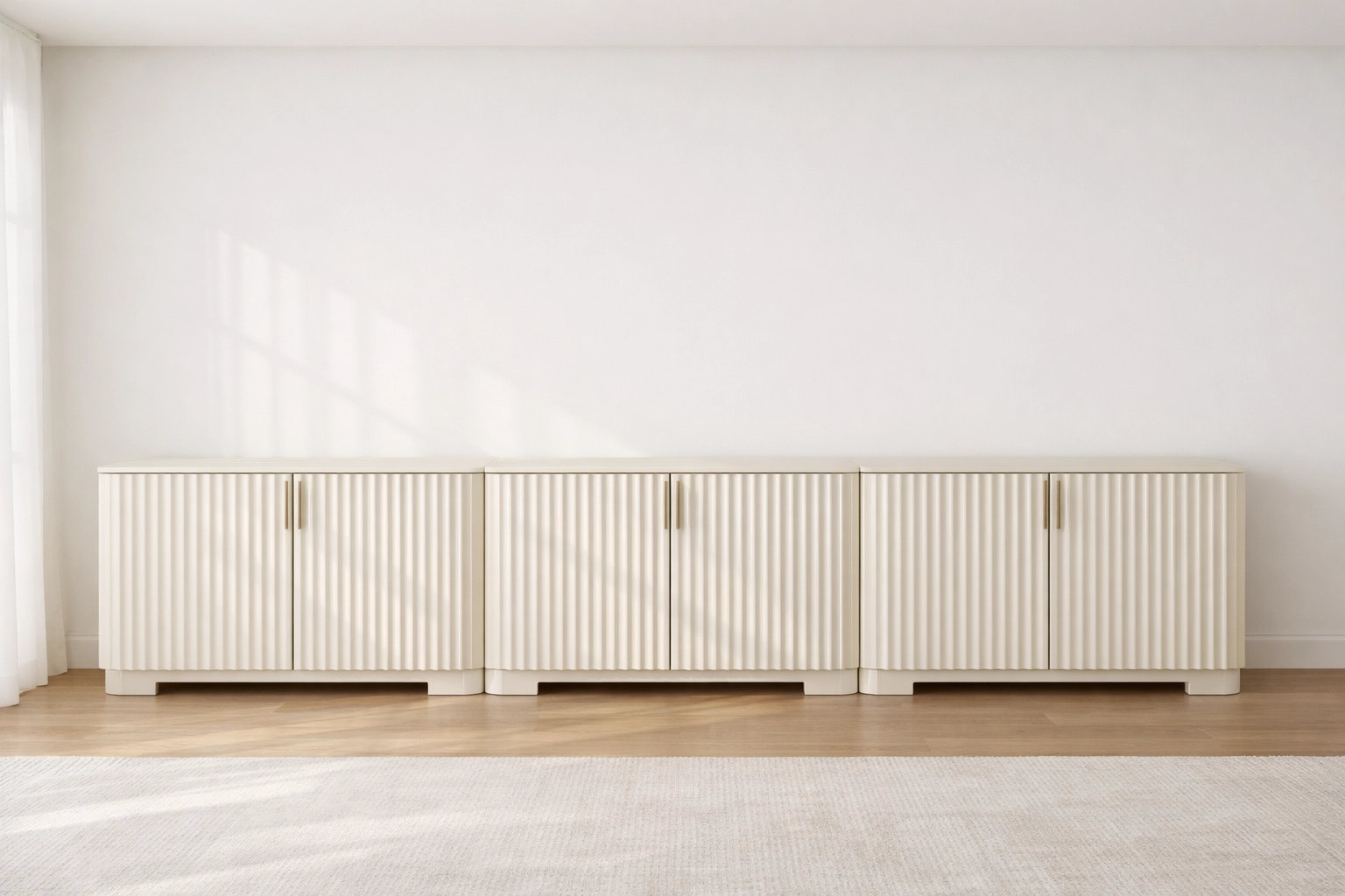 Modernize Methods LLC no-demo design: three fluted cabinets creating a built-in illusion on a blank wall.