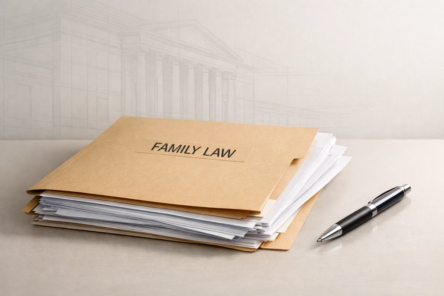 Fredericksburg family law documents organized on a clean desk in a Virginia attorney office setting