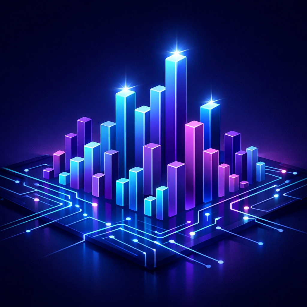 Digital cityscape of neon bar charts illustrating high search rankings and AI-powered SEO success.