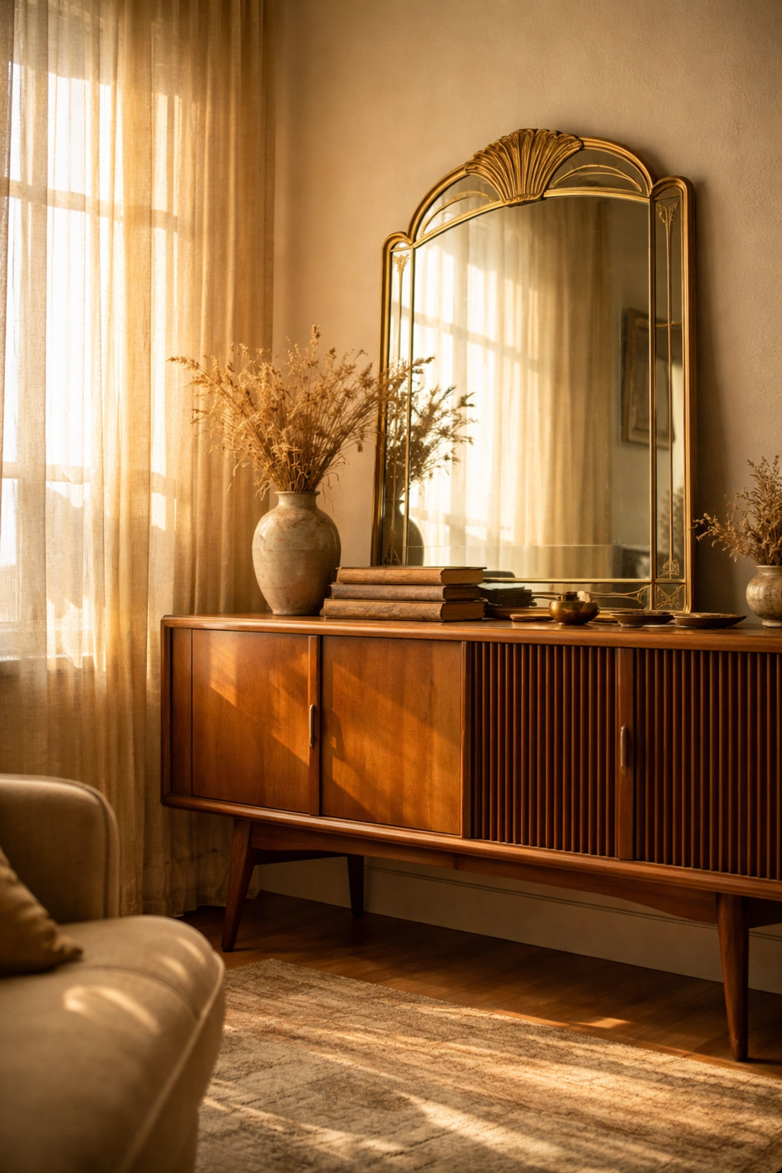 Cozy living room corner with vintage mid-century credenza and art deco mirror, highlighting curated home decor style.