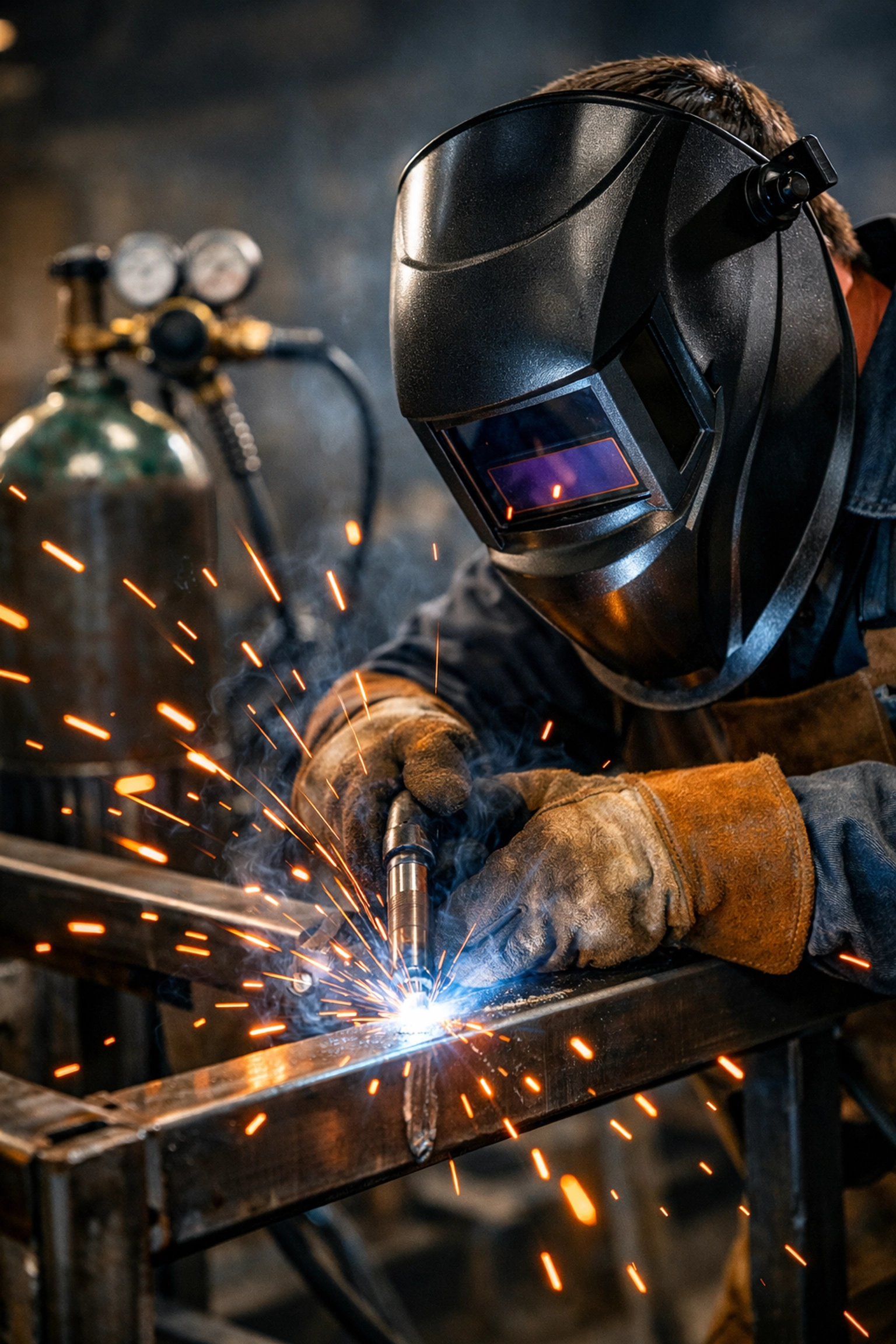 Professional welder using a 20L MIG gas bottle to lay a clean weld bead in a fabrication workshop.