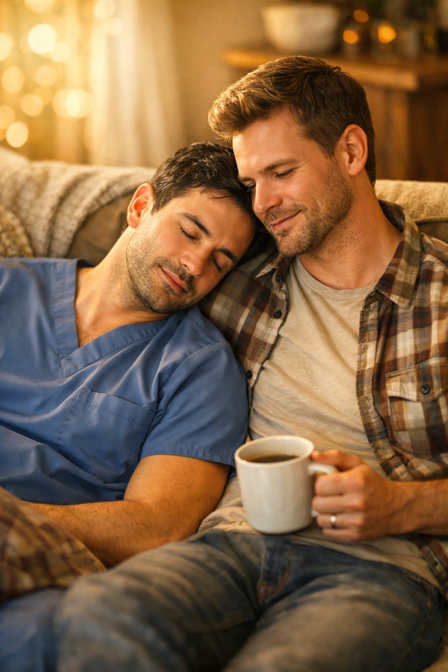 Gay married couple sharing quiet morning moment together on couch - MM romance and daily support