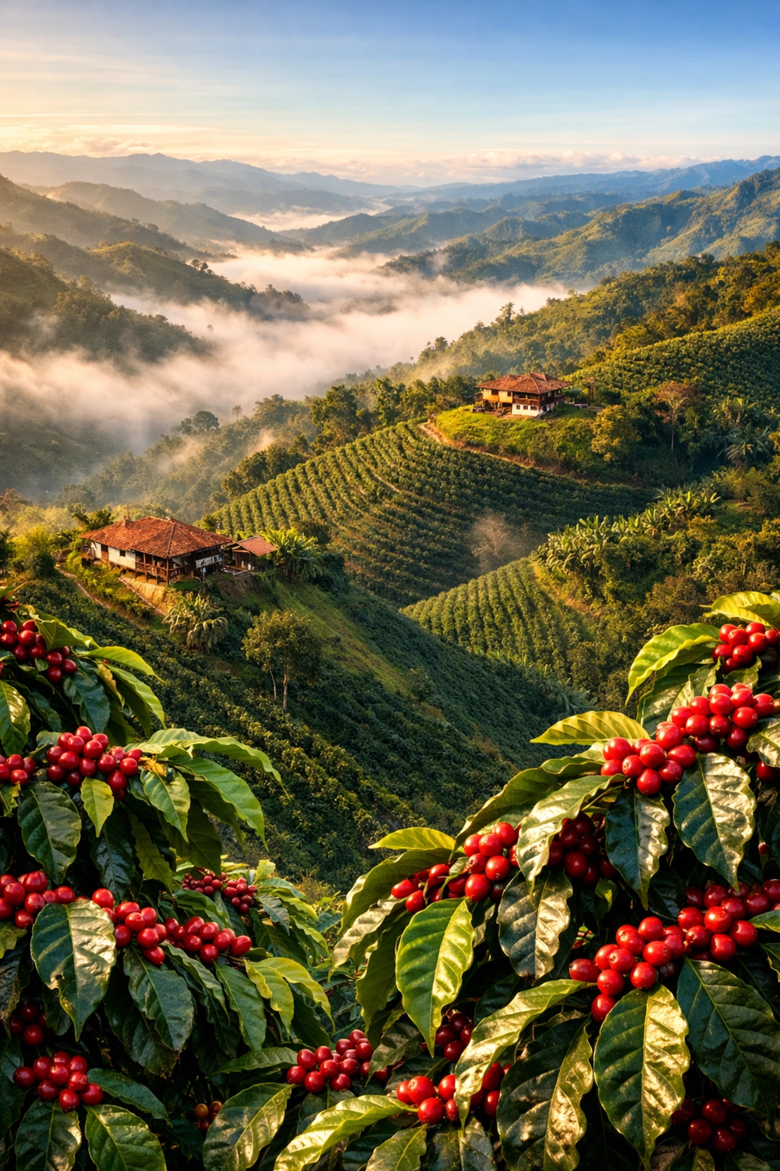 Aerial view of Colombian coffee farms cascading down lush mountain slopes