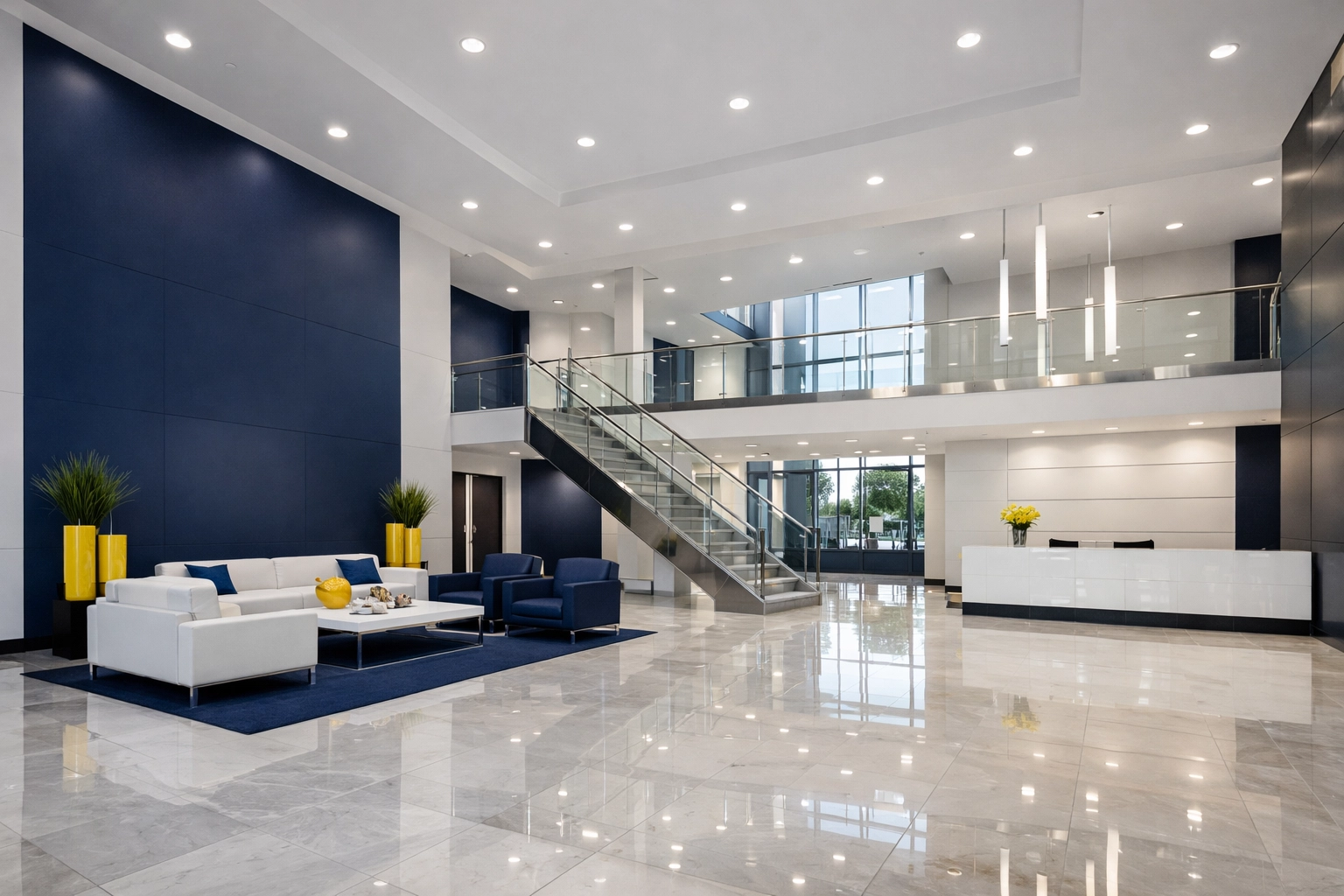 Pristine Marlborough office lobby with polished floors showing professional commercial cleaning standards.