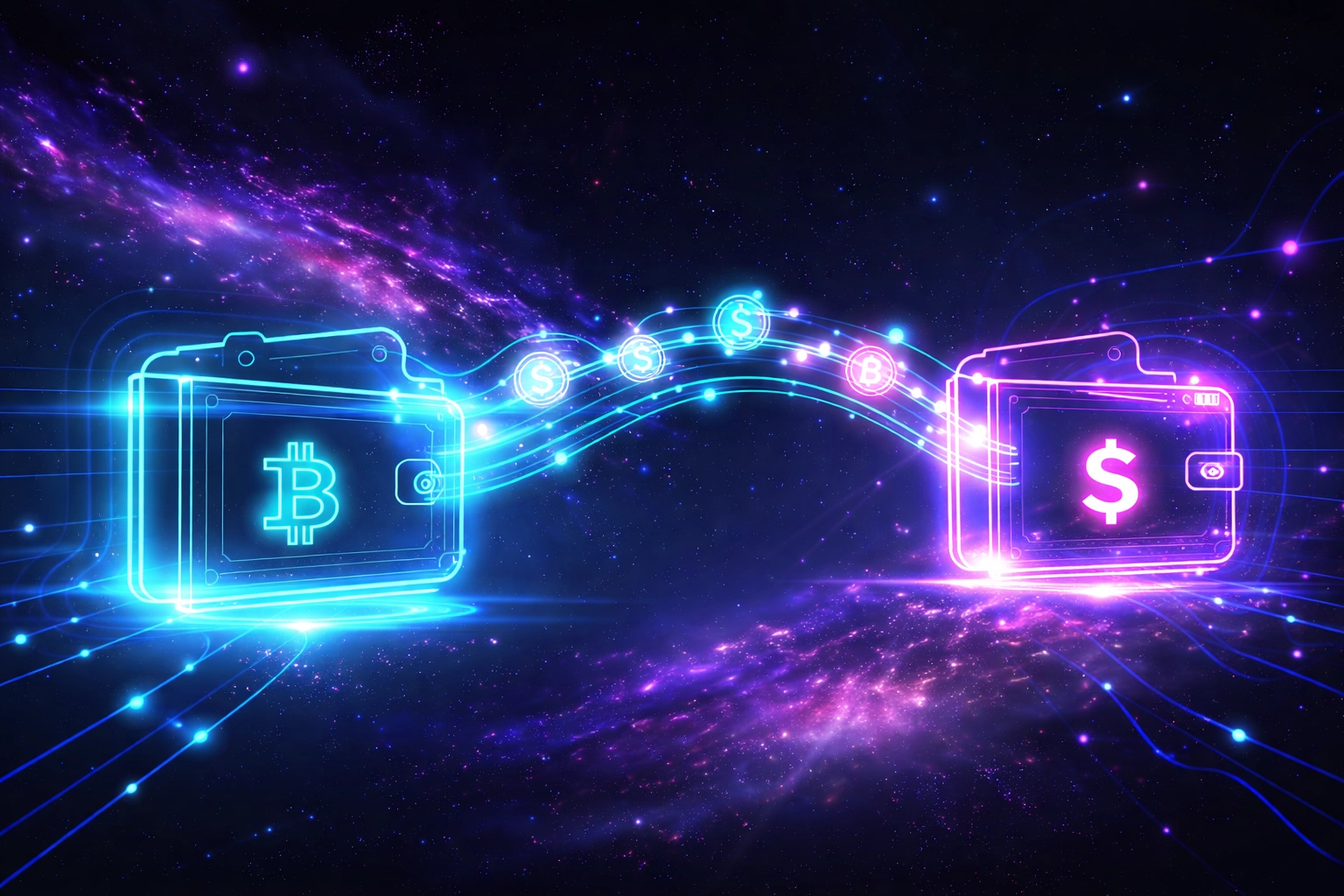 Blockchain network illustration showing digital tokens moving directly between wallets for instant, secure crypto payments