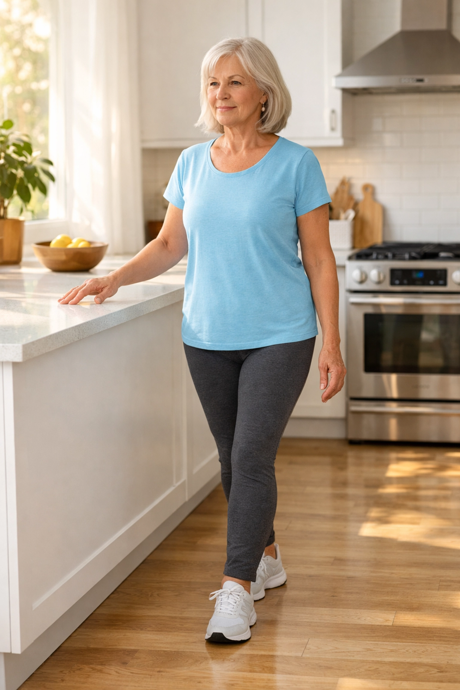 Senior woman practicing a tandem stand balance exercise near a kitchen counter for stability.