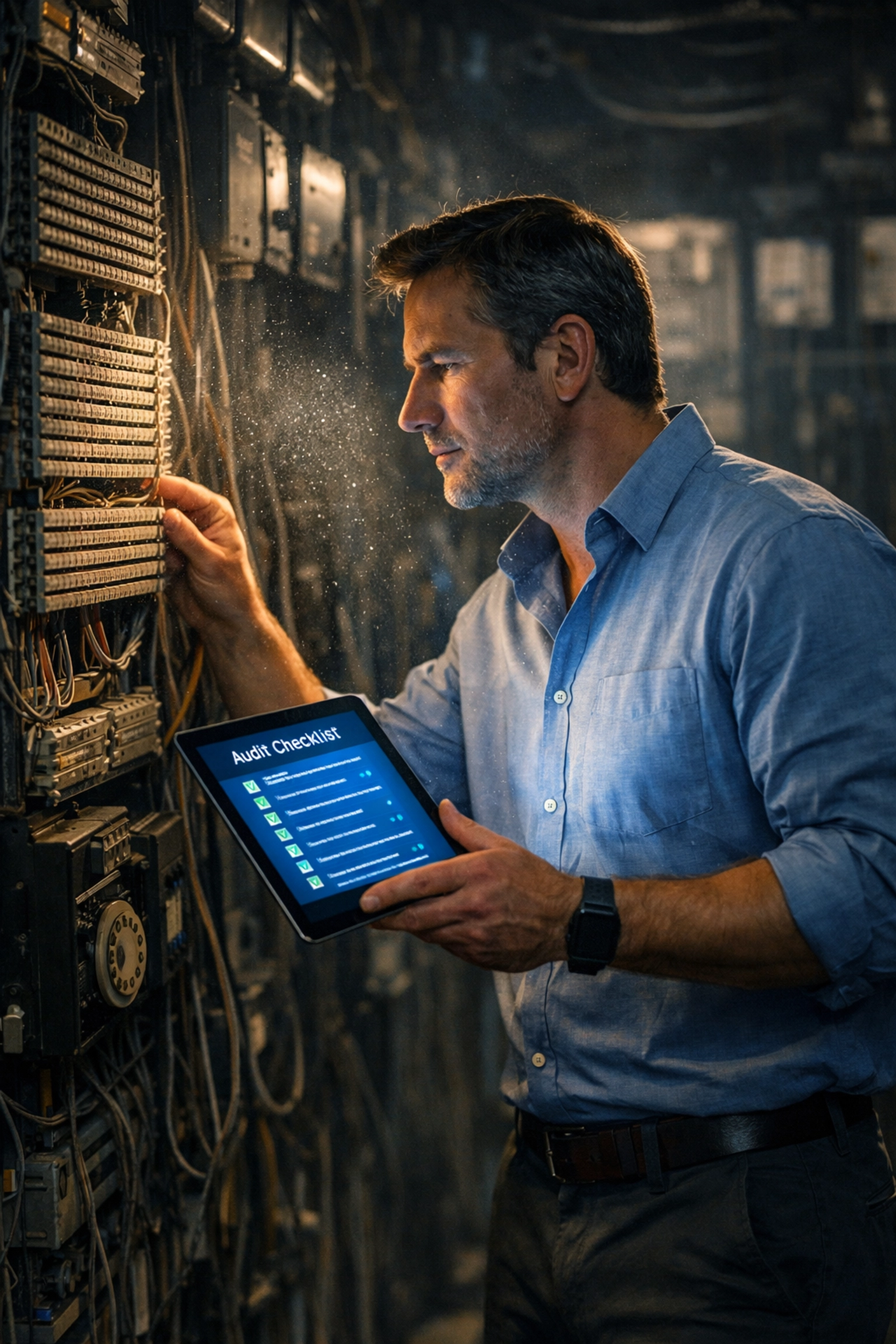 Telecom consultant conducting POTS line audit with digital checklist in equipment room