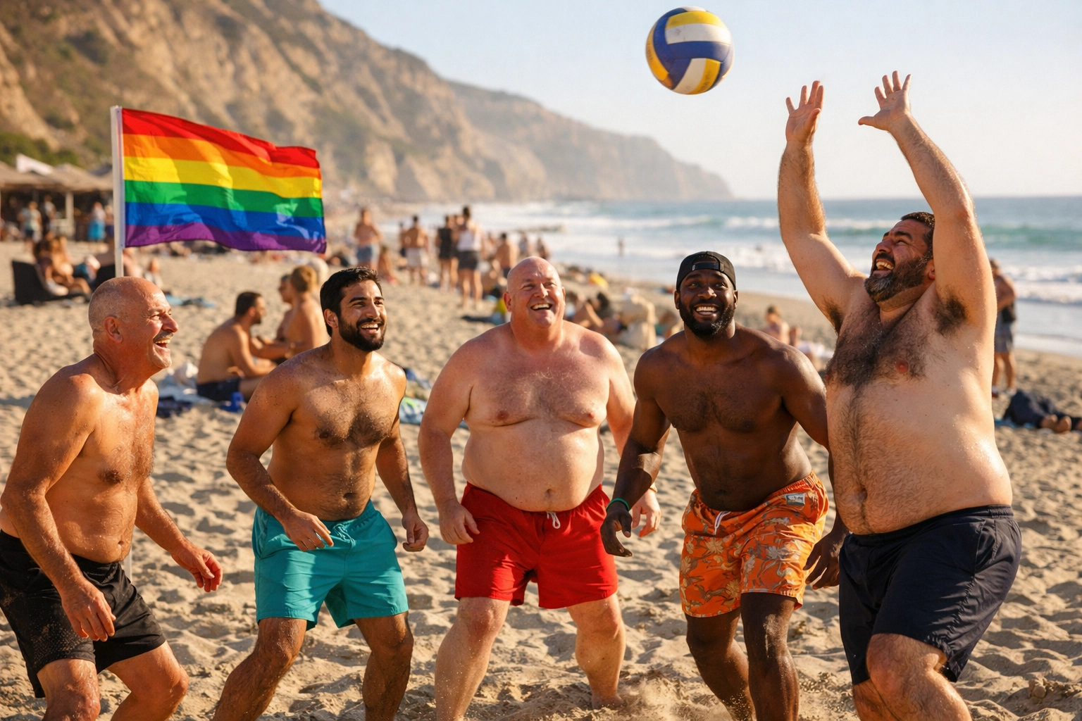Gay men playing beach volleyball at Black's Beach LGBTQ community section