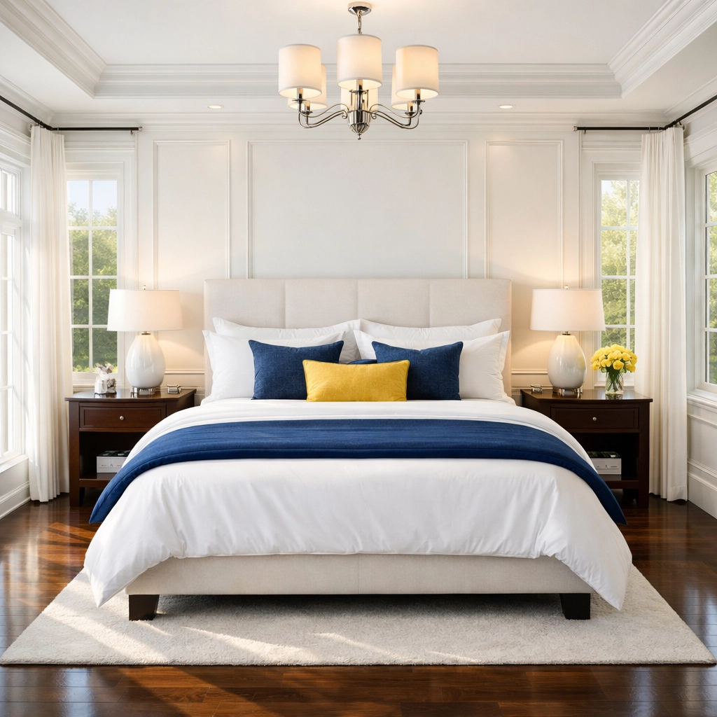 A sun-lit, dust-free master bedroom showing the results of premium house cleaning Lowell MA services.