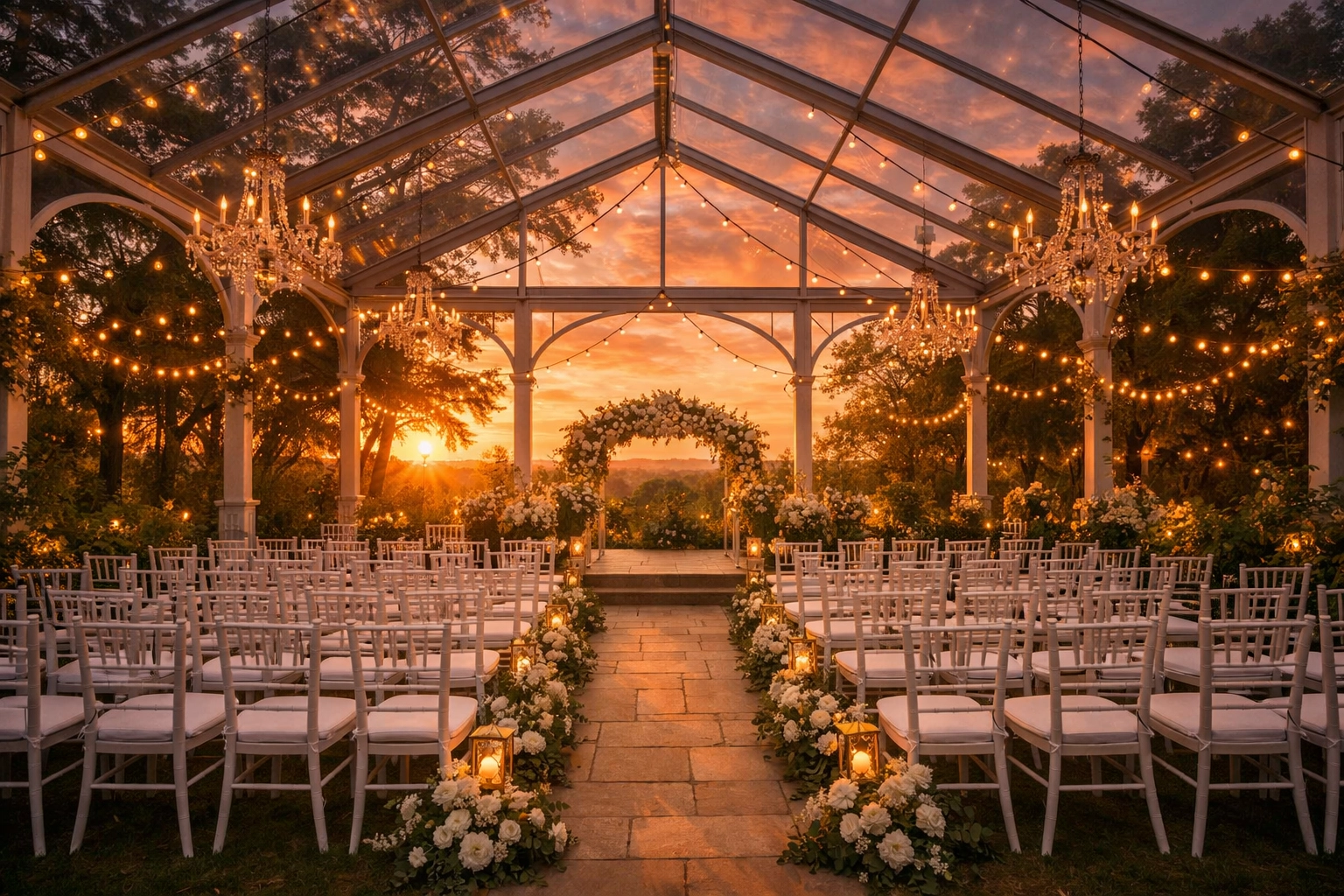 An elegant wedding venue pavilion at sunset, paid for using smart wedding funding strategies.