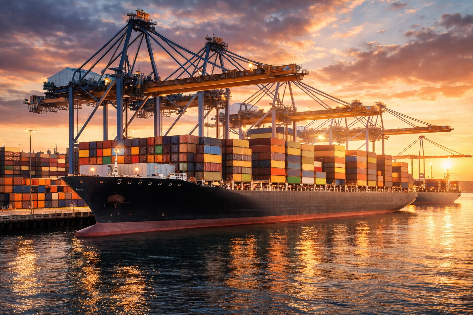 Container ship at port representing global shipping and logistics services