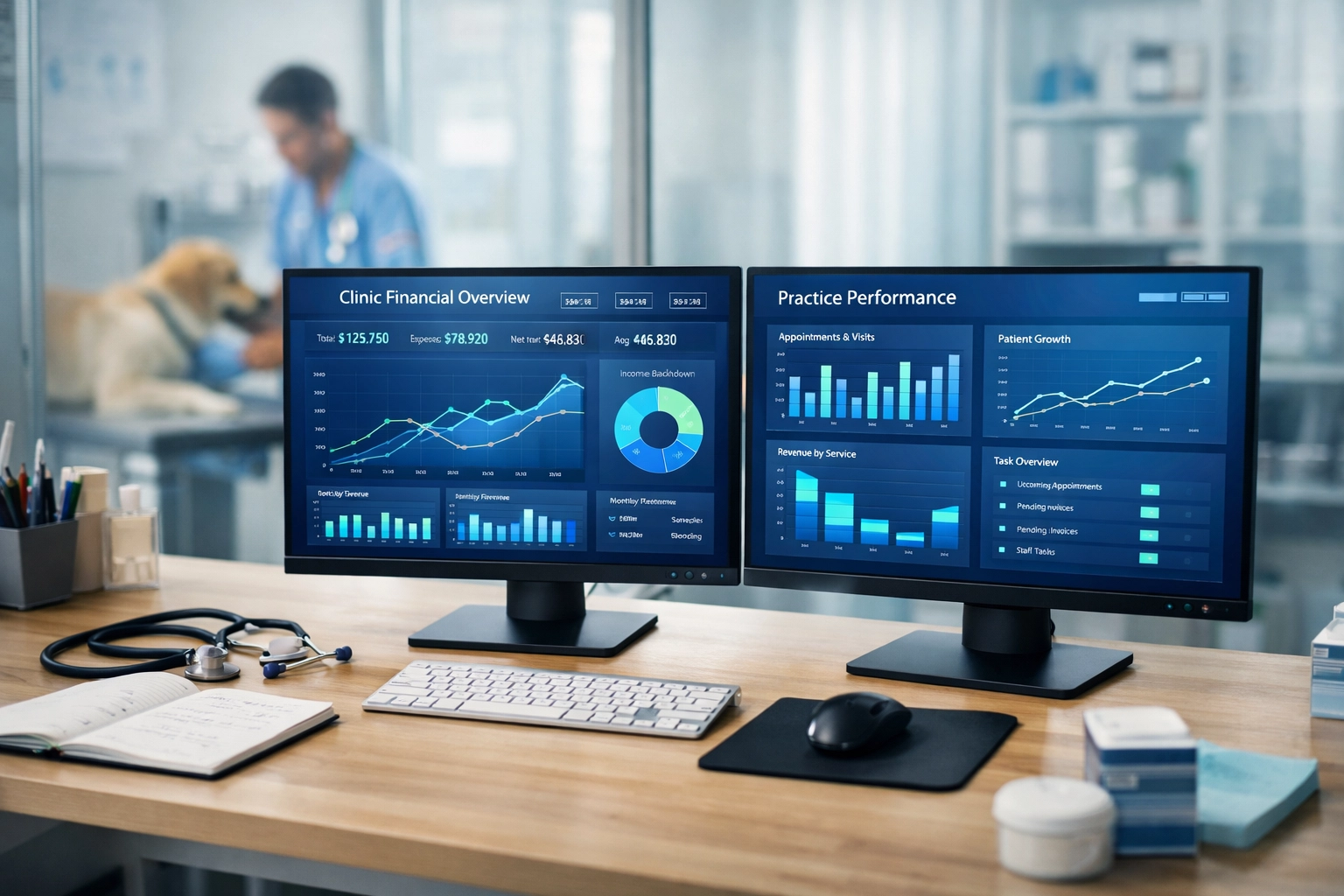 Veterinary practice management software dashboard showing financial data and bookkeeping integration