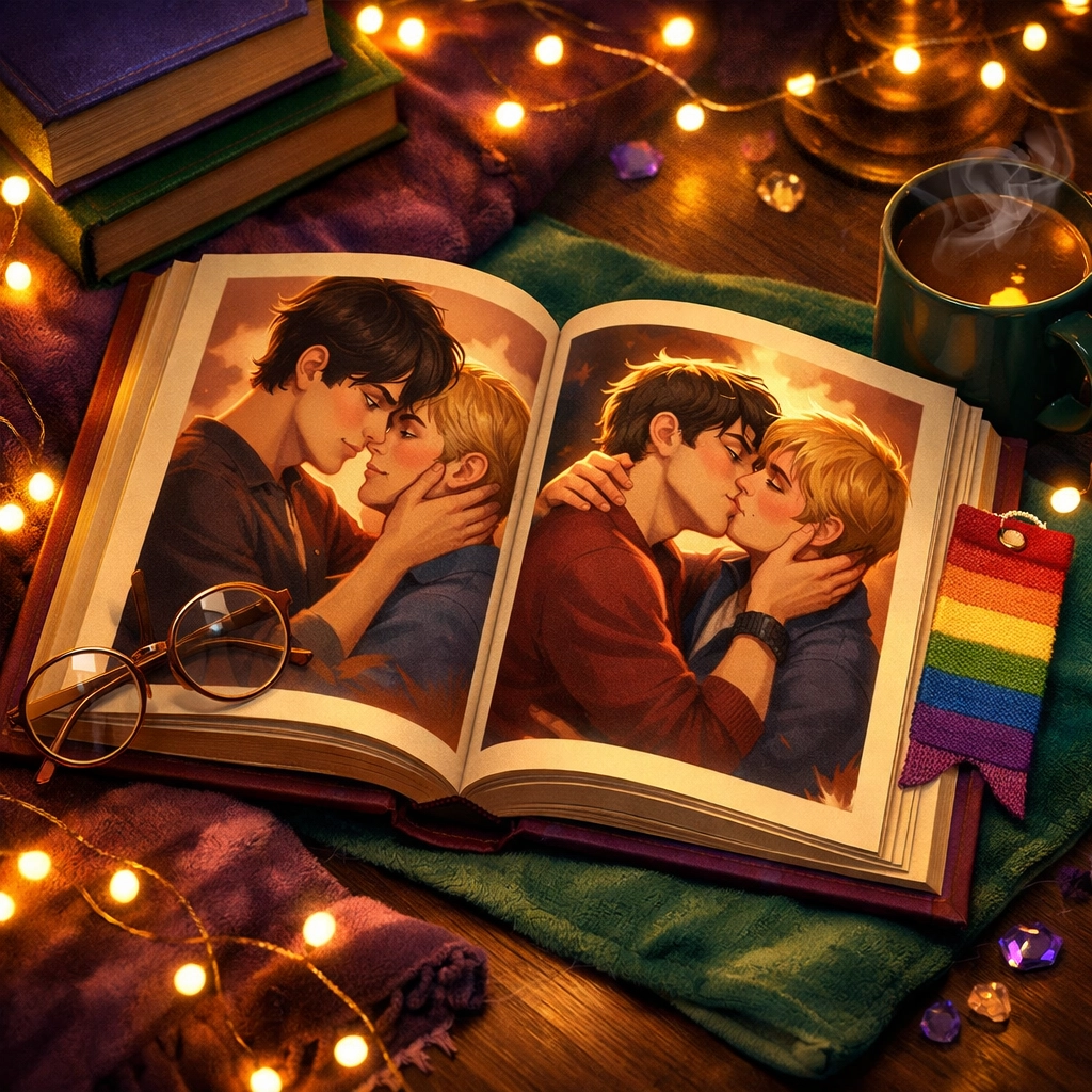 Open MM romance book with rainbow bookmark and cozy reading atmosphere