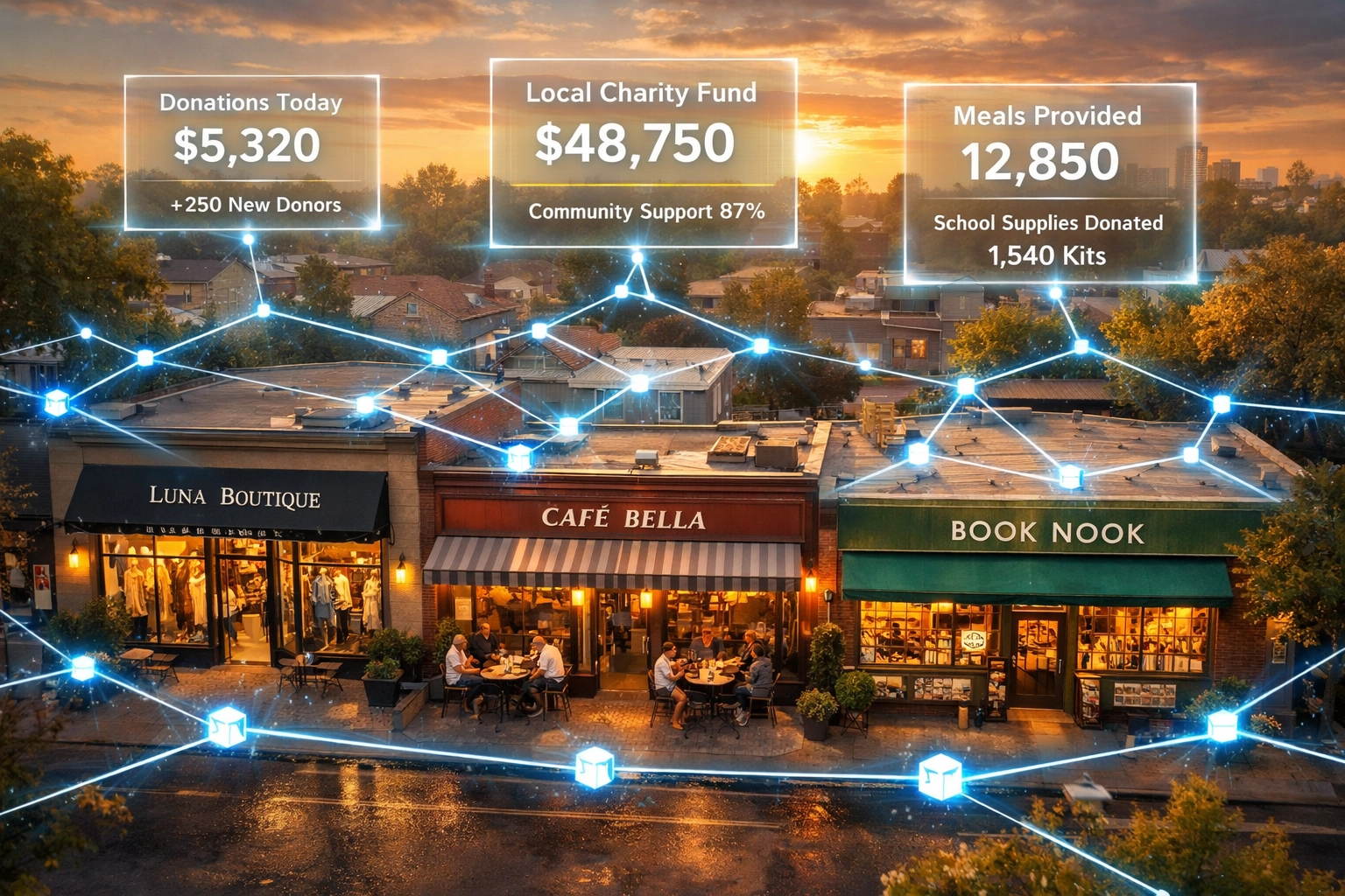 Small business storefronts connected through blockchain network showing real-time charity contributions