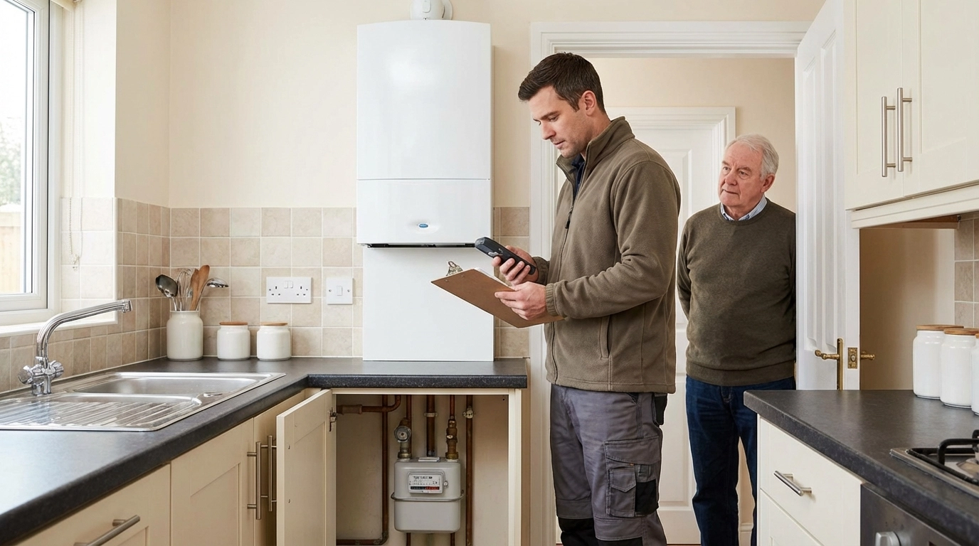 Landlord inspects boiler and gas meter in rental property to ensure safety and legal compliance for Kent rentals.