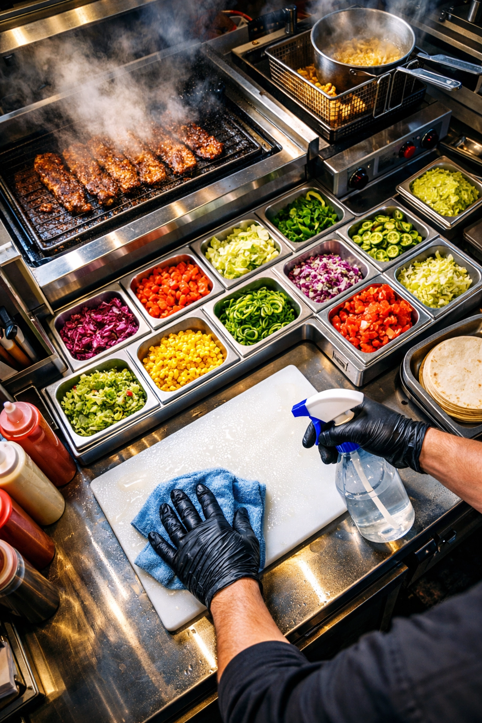 Food truck kitchen worker sanitizing stainless steel prep surfaces for food safety