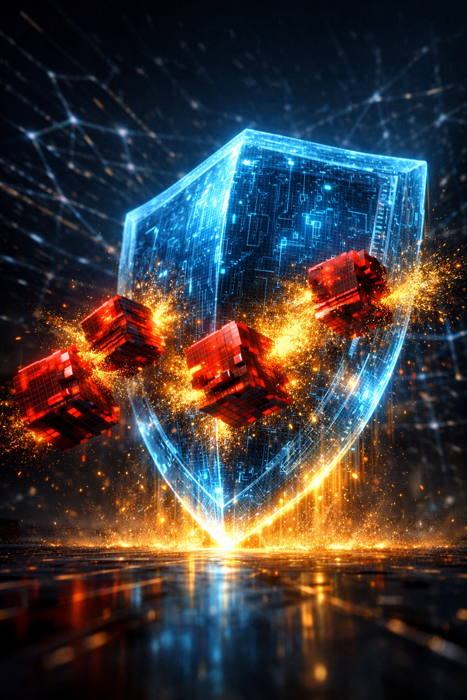 Larecoin AI fraud prevention shield blocking fraudulent crypto transactions in a secure blockchain network.